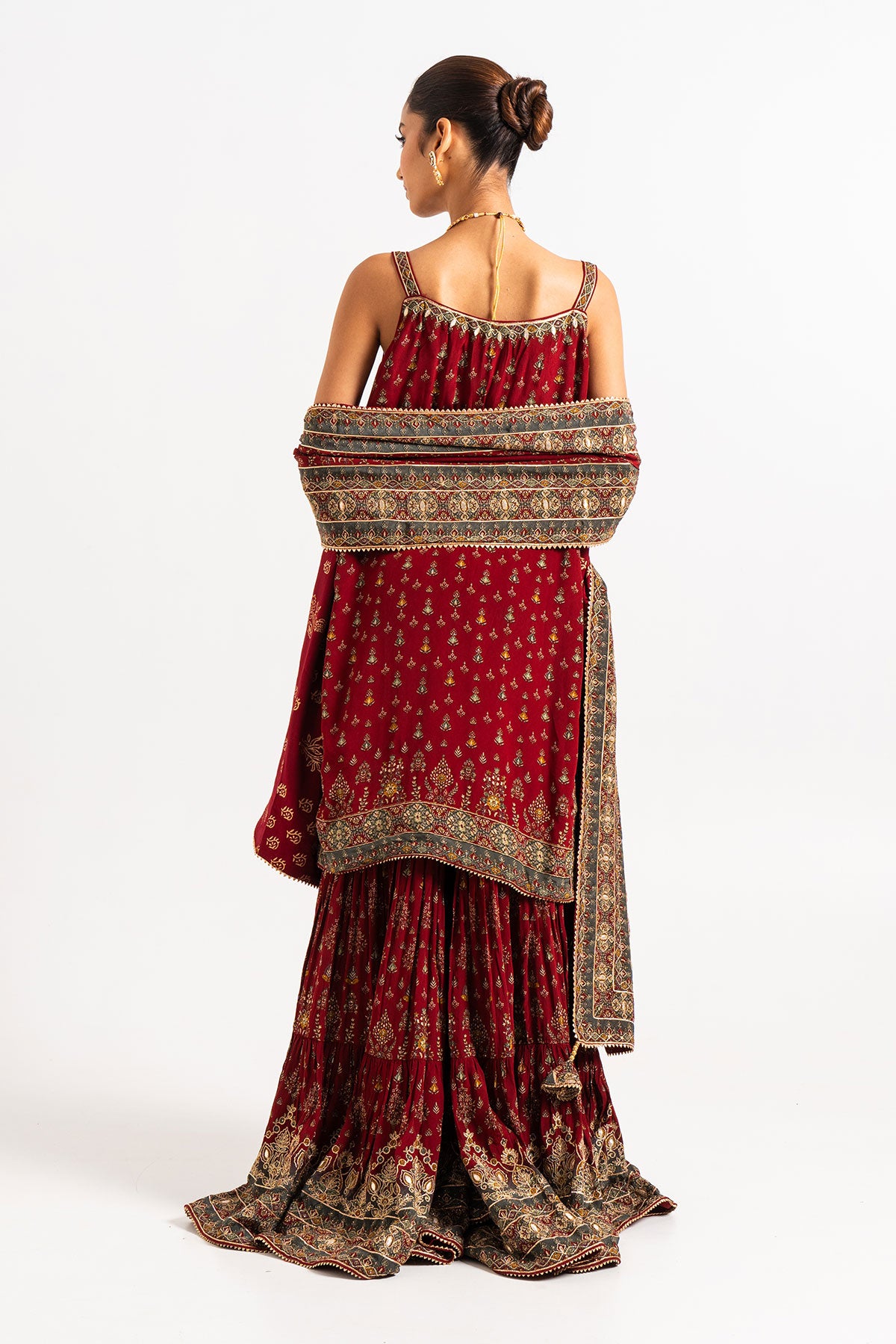 Maroon Printed Three Tiered Gharara Set With Gota Work