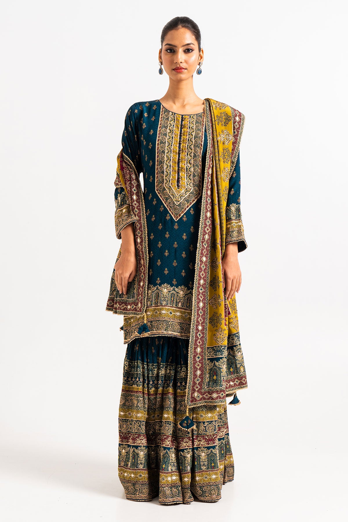 Dark Blue Printed Gharara Set With Yellow And Maroon Dupatta
