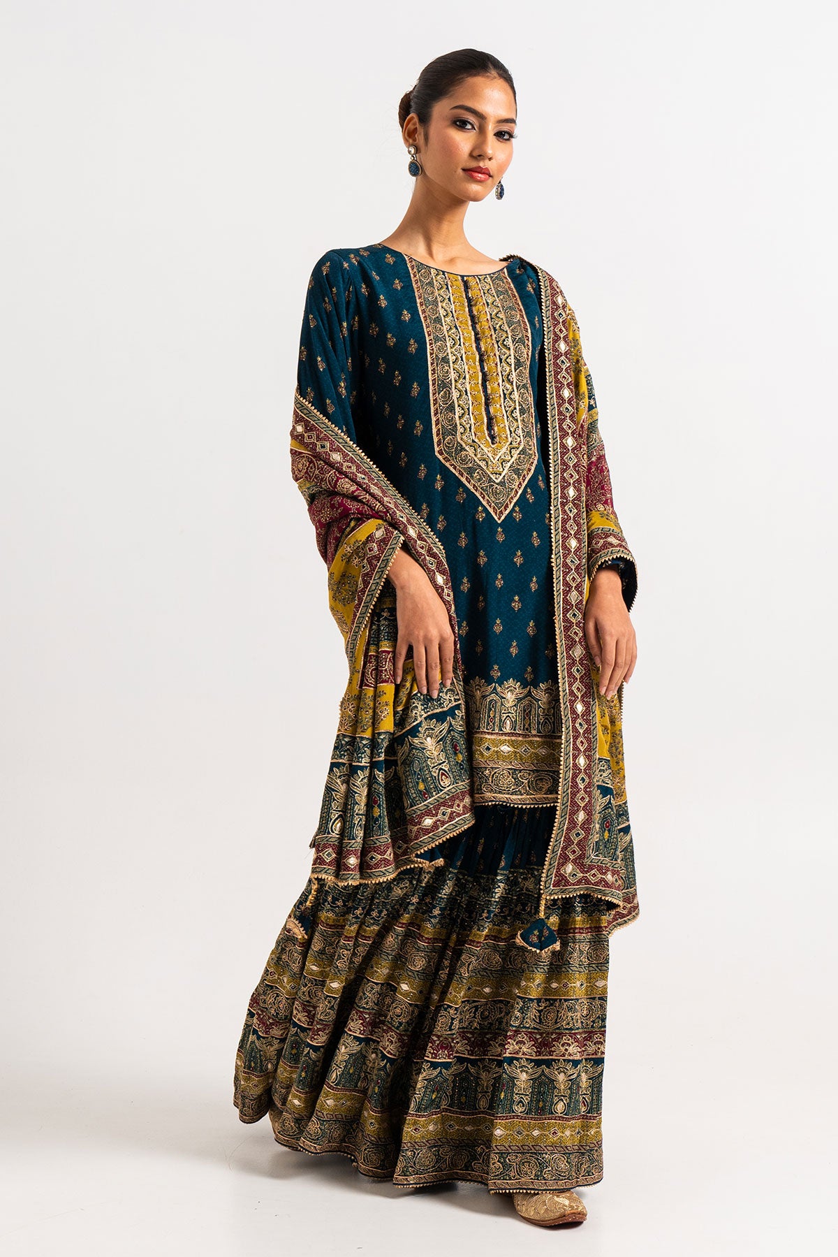 Dark Blue Printed Gharara Set With Yellow And Maroon Dupatta