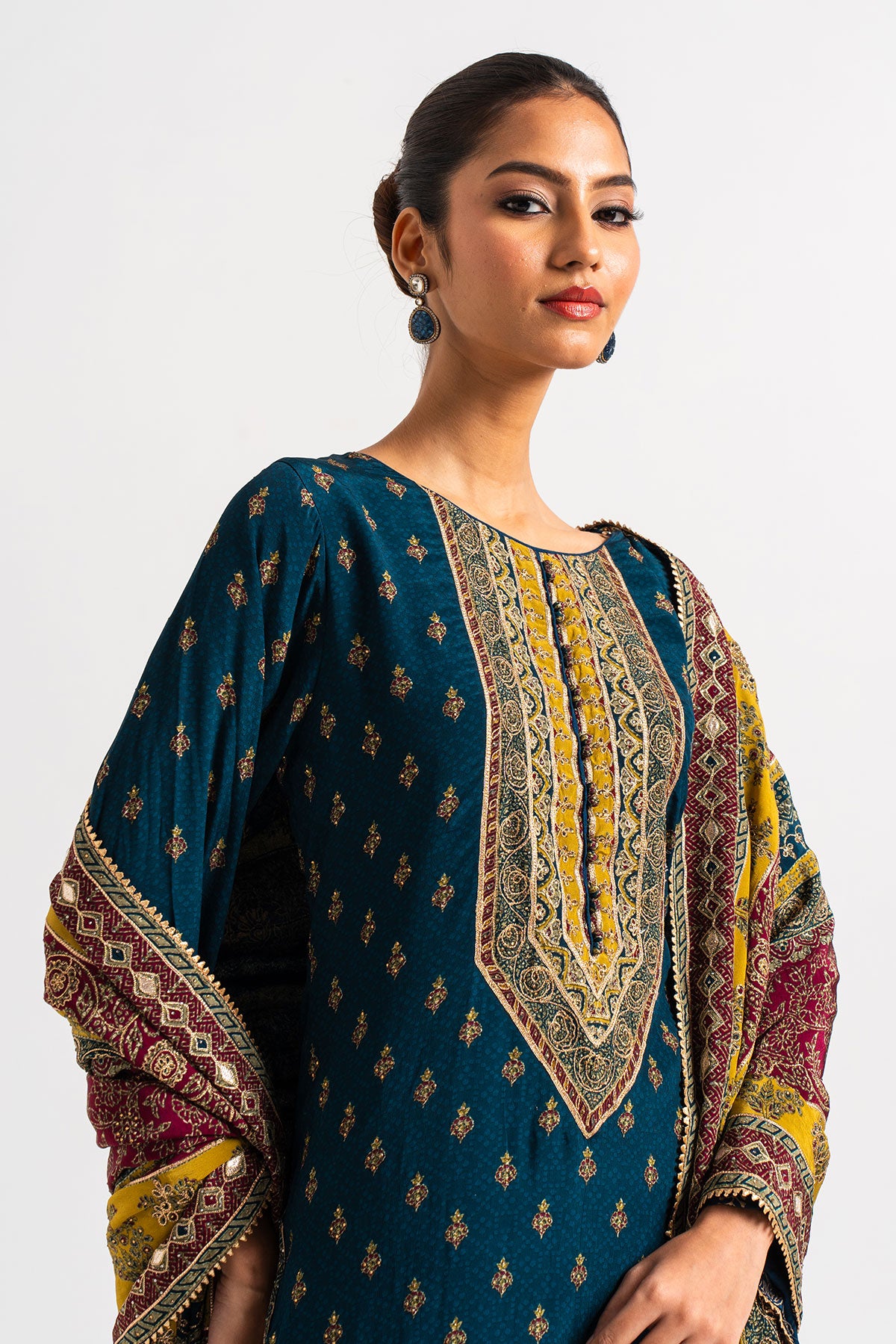 Dark Blue Printed Gharara Set With Yellow And Maroon Dupatta