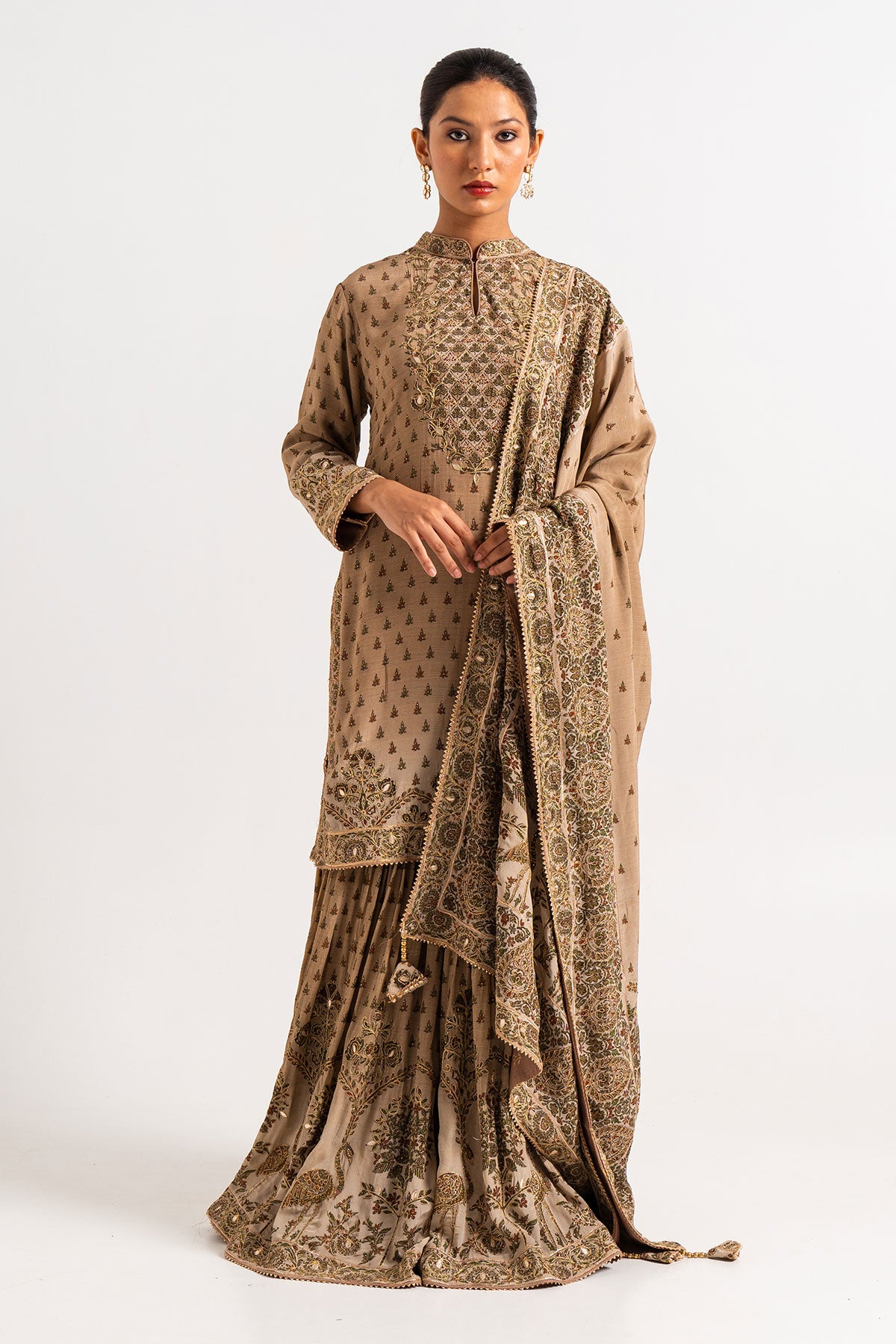 English Brown Printed Gharara Set With Peacock Motifs