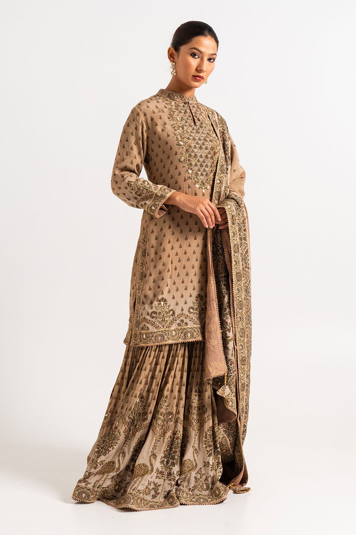 English Brown Printed Gharara Set With Peacock Motifs