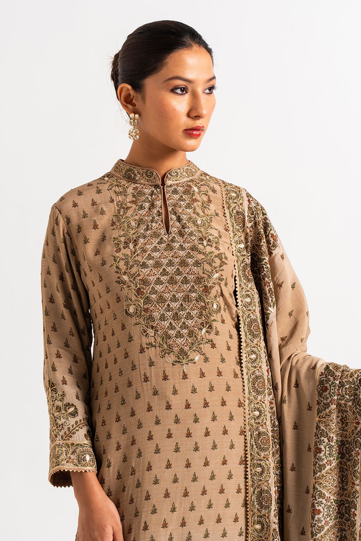 English Brown Printed Gharara Set With Peacock Motifs