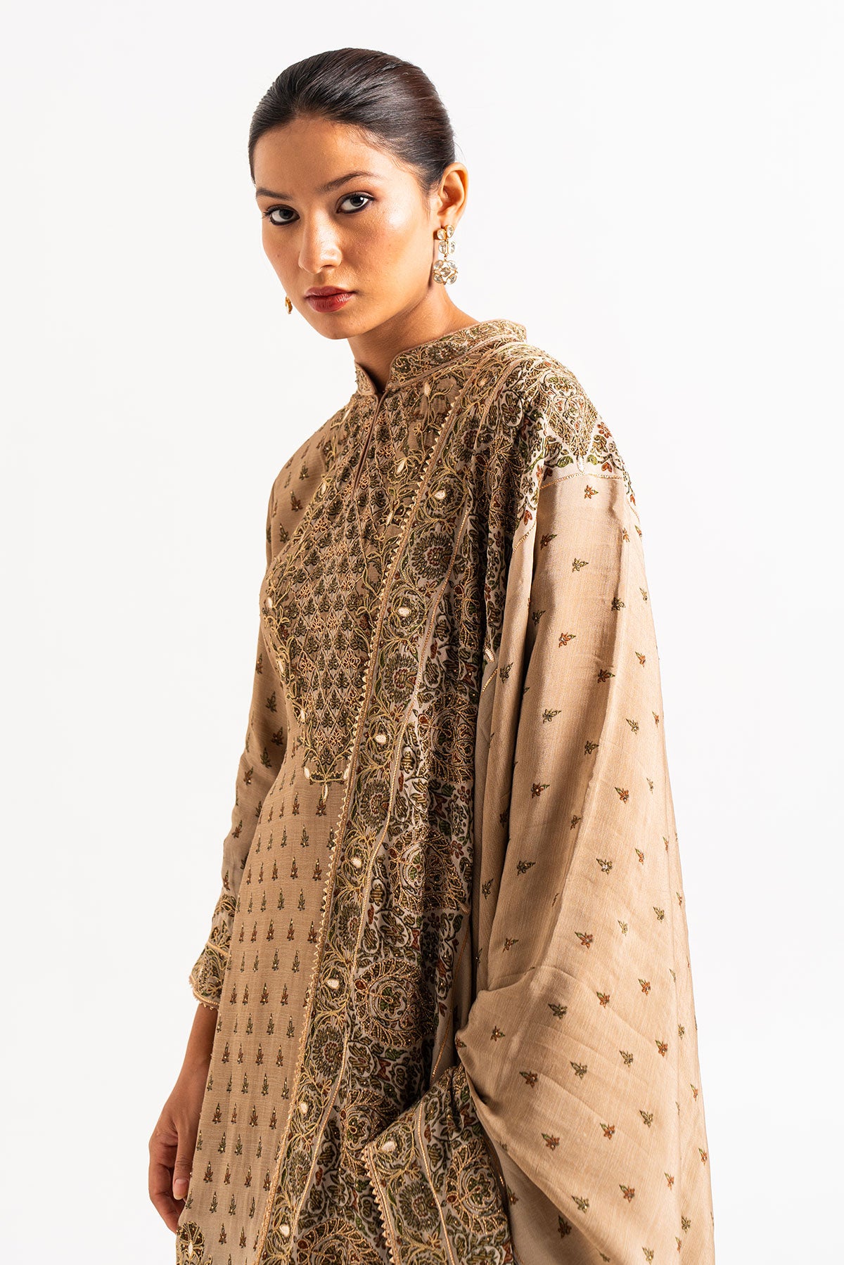 English Brown Printed Gharara Set With Peacock Motifs