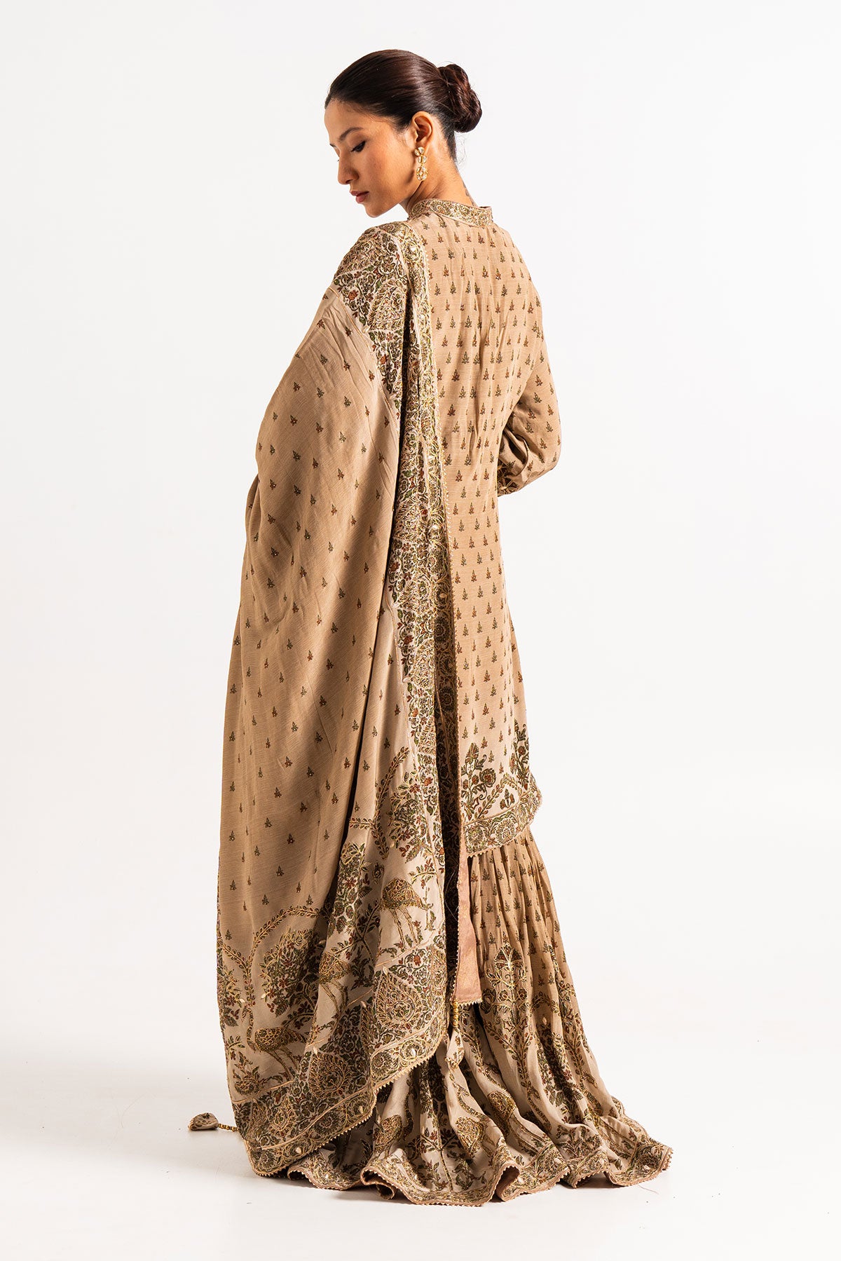 English Brown Printed Gharara Set With Peacock Motifs