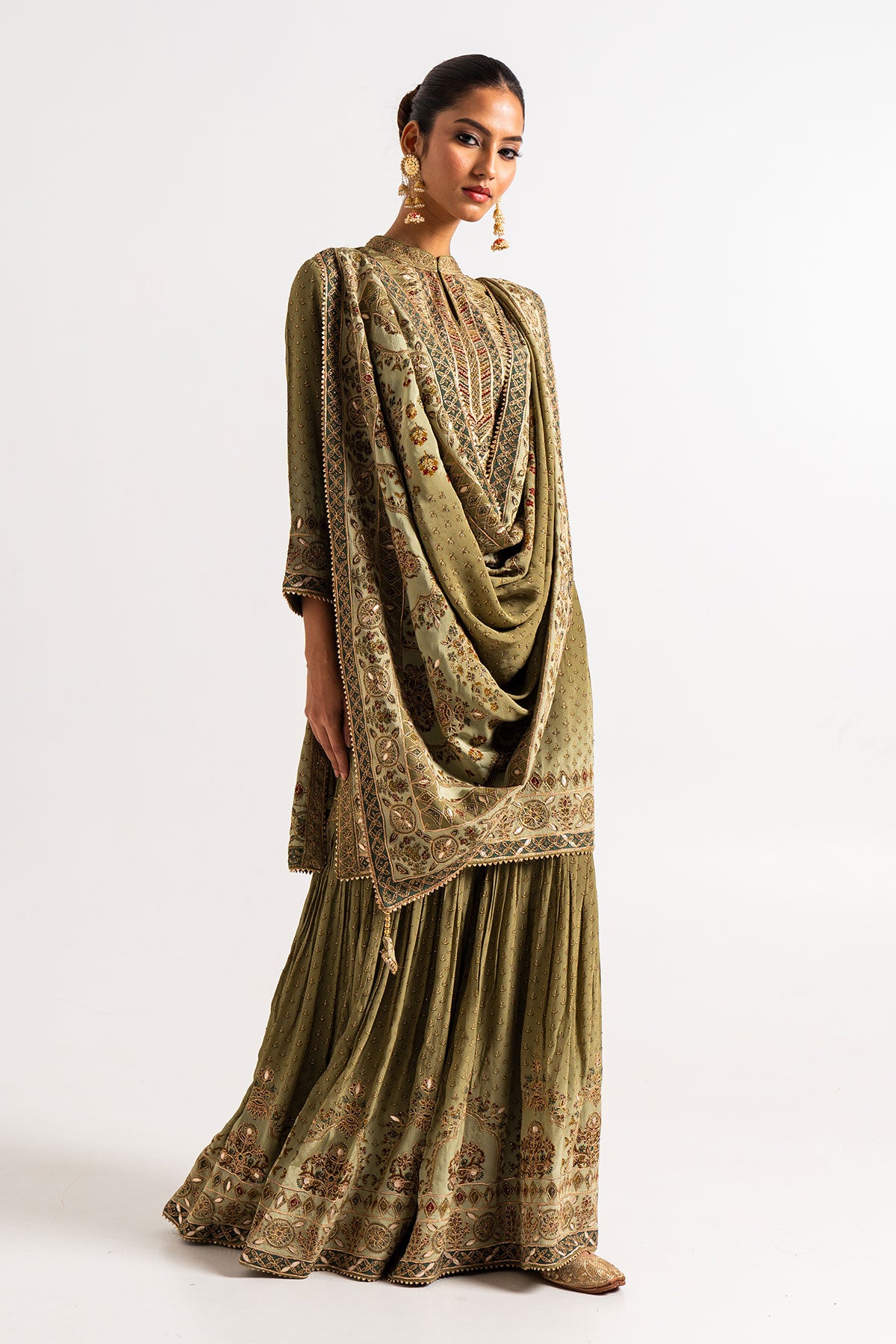 Light Green Printed Gharara Set With Gota Work