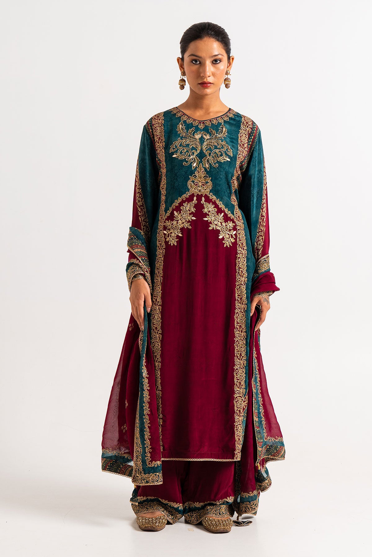 Maroon And Teal Blue Printed Palazzo Set With Gota Work