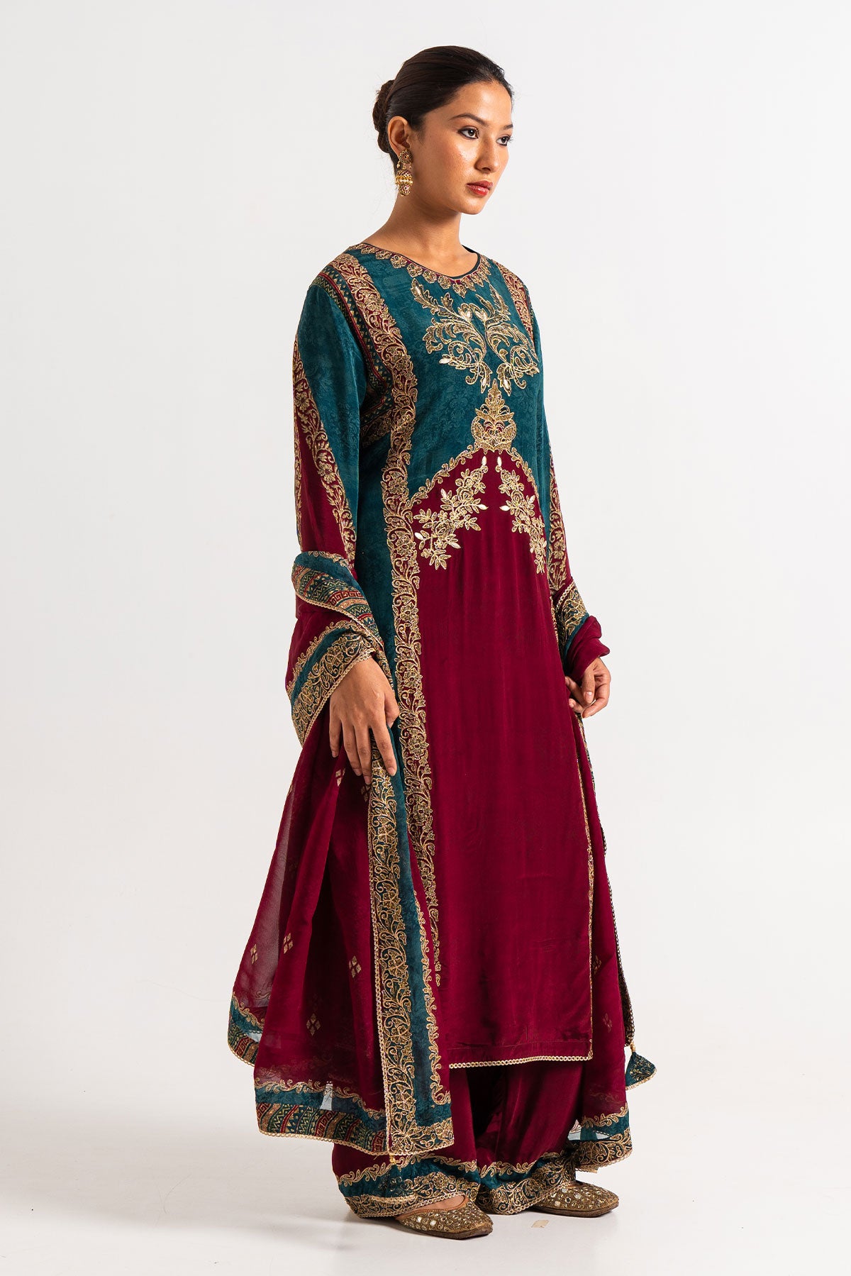 Maroon And Teal Blue Printed Palazzo Set With Gota Work