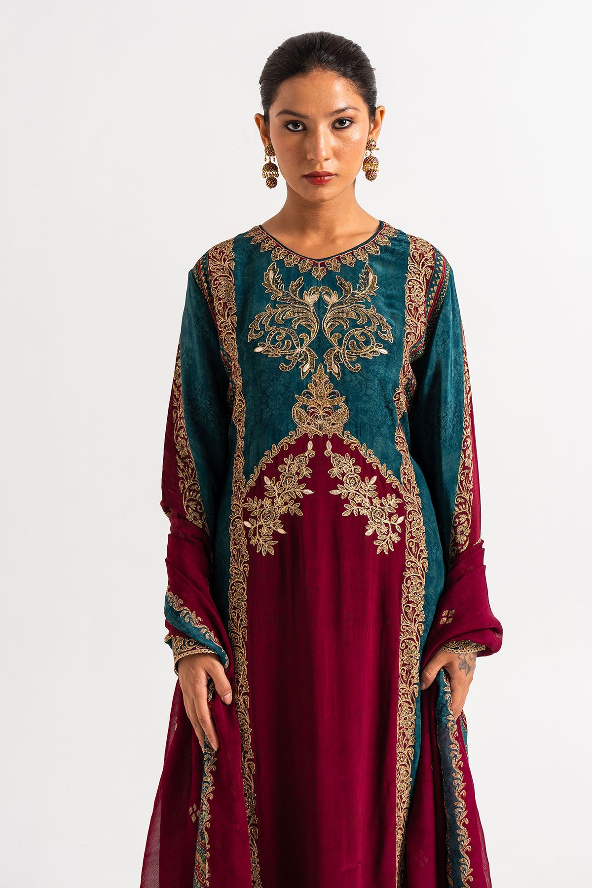 Maroon And Teal Blue Printed Palazzo Set With Gota Work