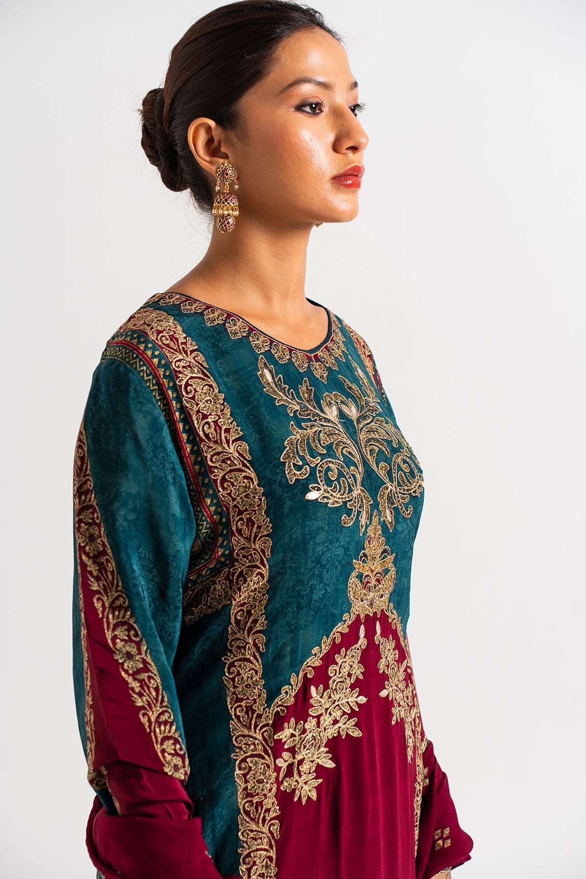 Maroon And Teal Blue Printed Palazzo Set With Gota Work