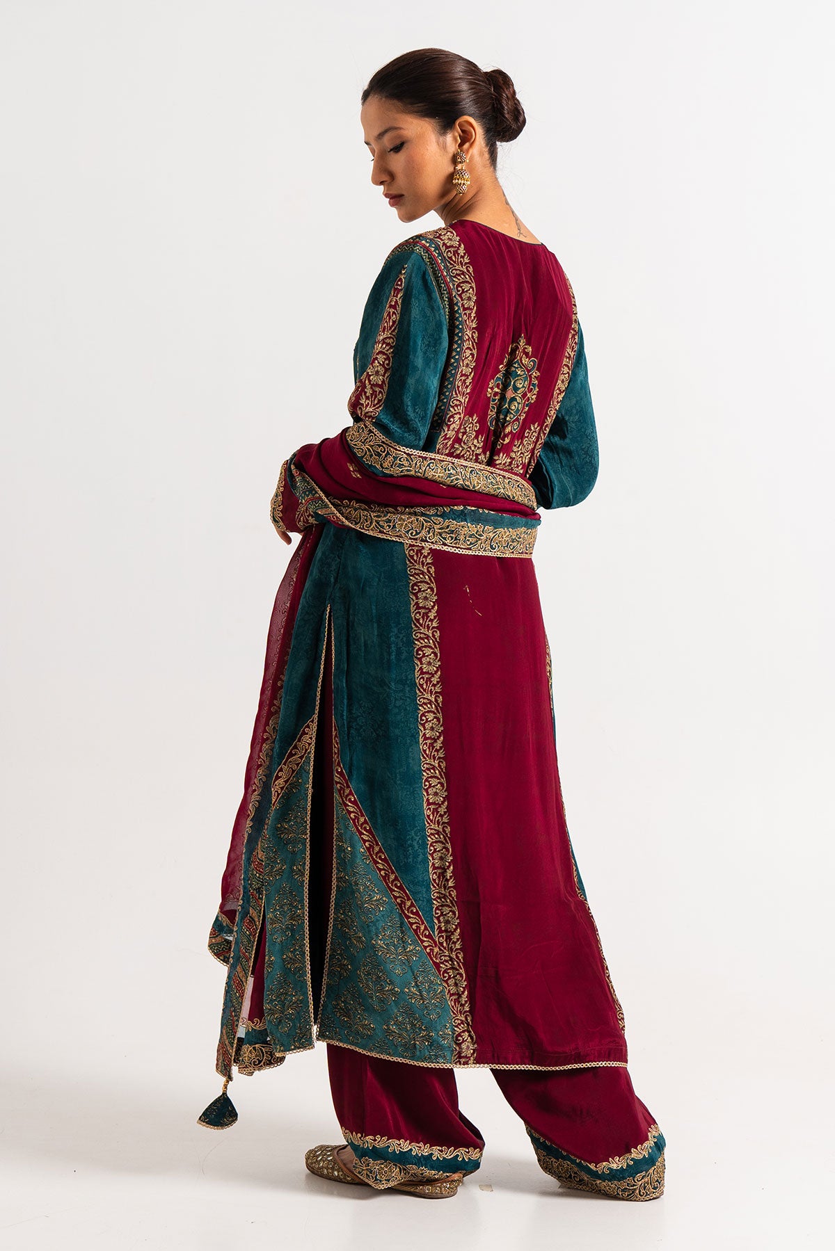 Maroon And Teal Blue Printed Palazzo Set With Gota Work