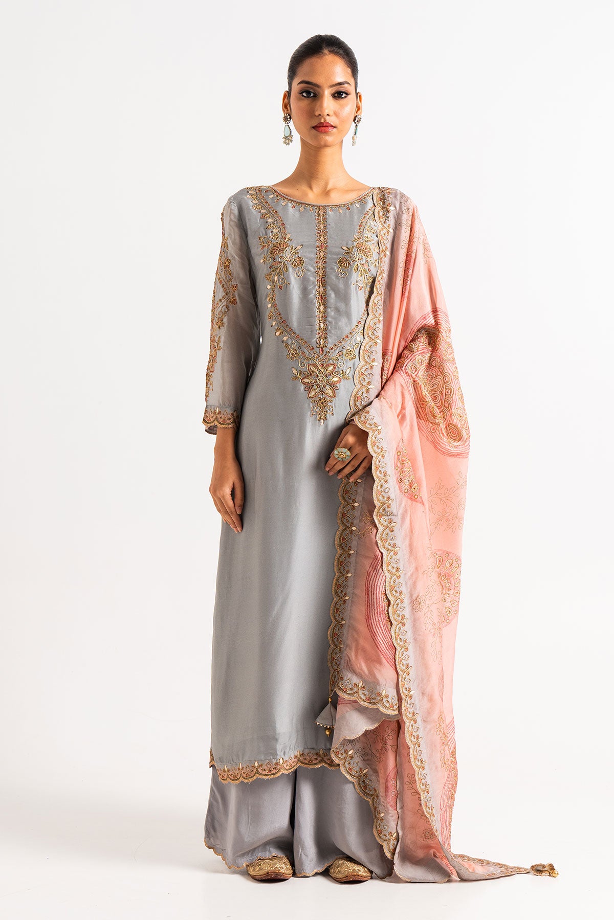 Grey And Rose Pink Printed Gharara Set