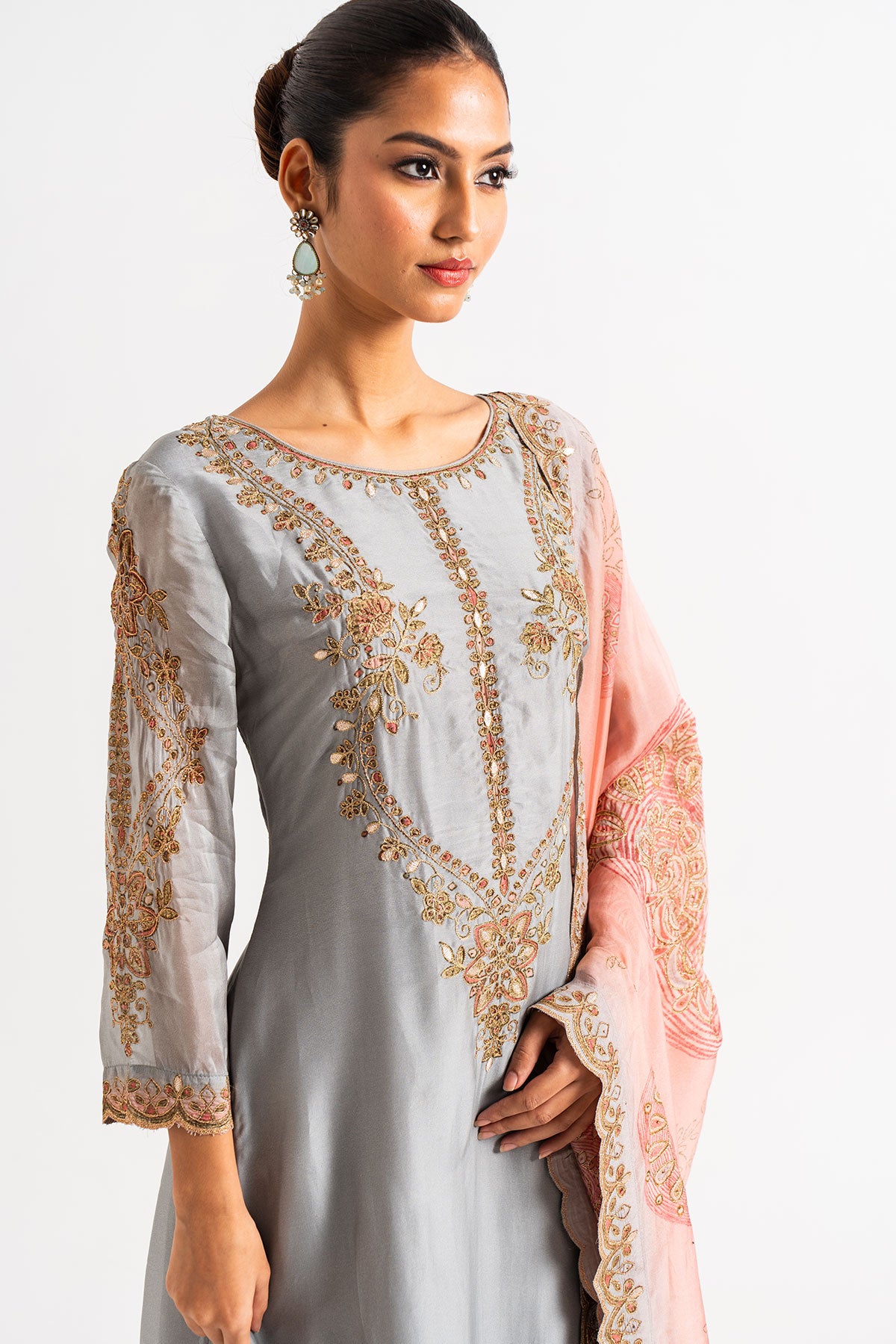 Grey And Rose Pink Printed Gharara Set