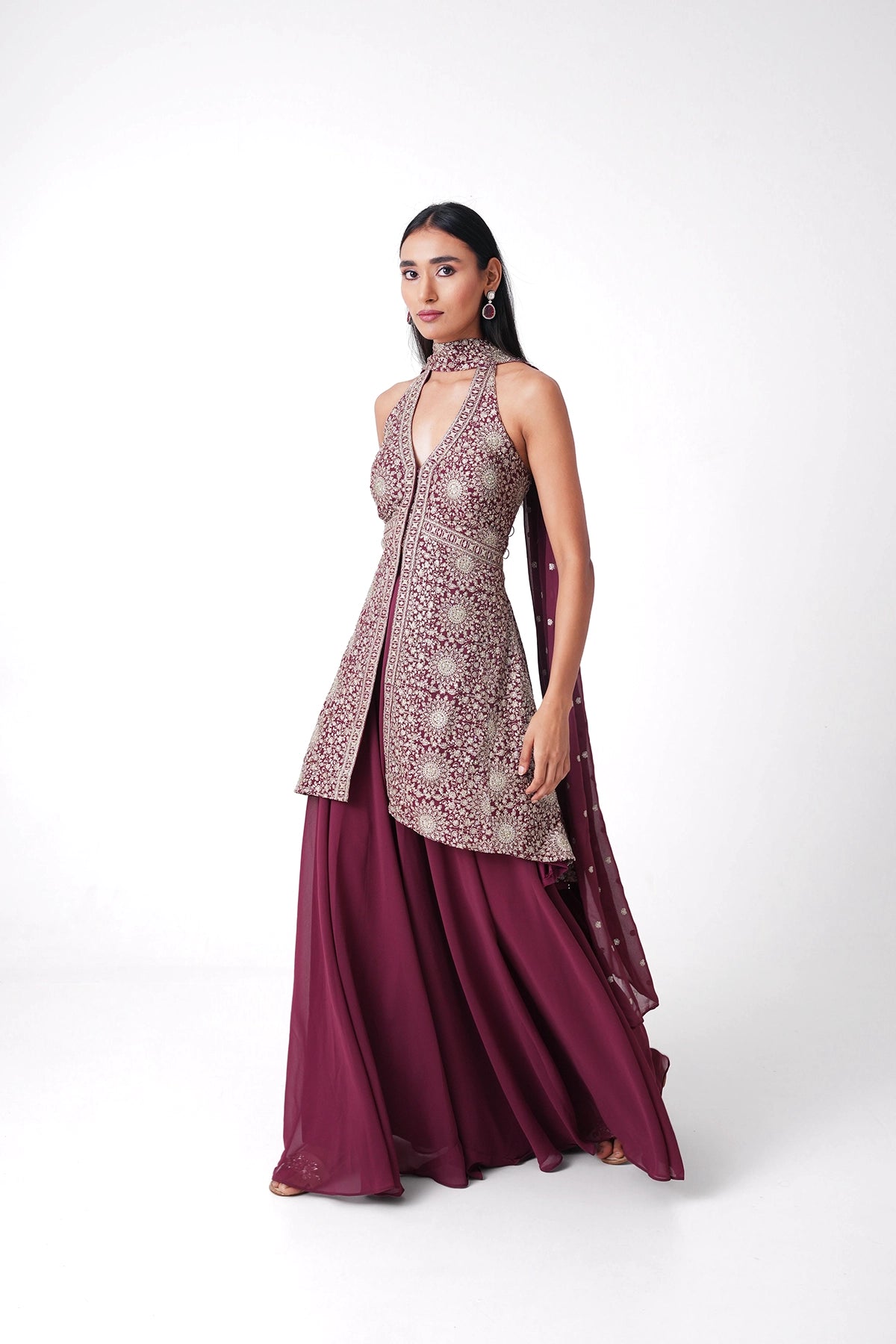 Magenta Halter Neck Palazzo Set In Georgette