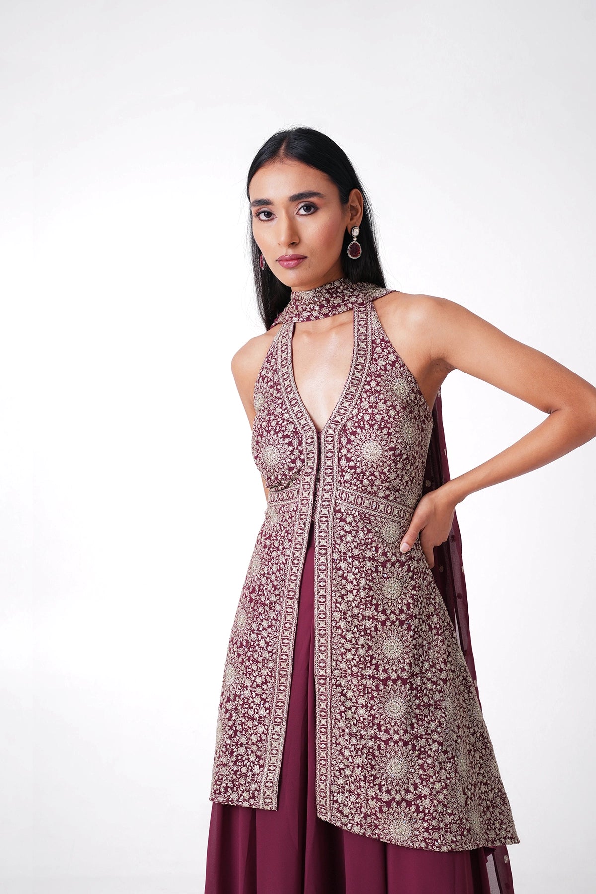 Magenta Halter Neck Palazzo Set In Georgette