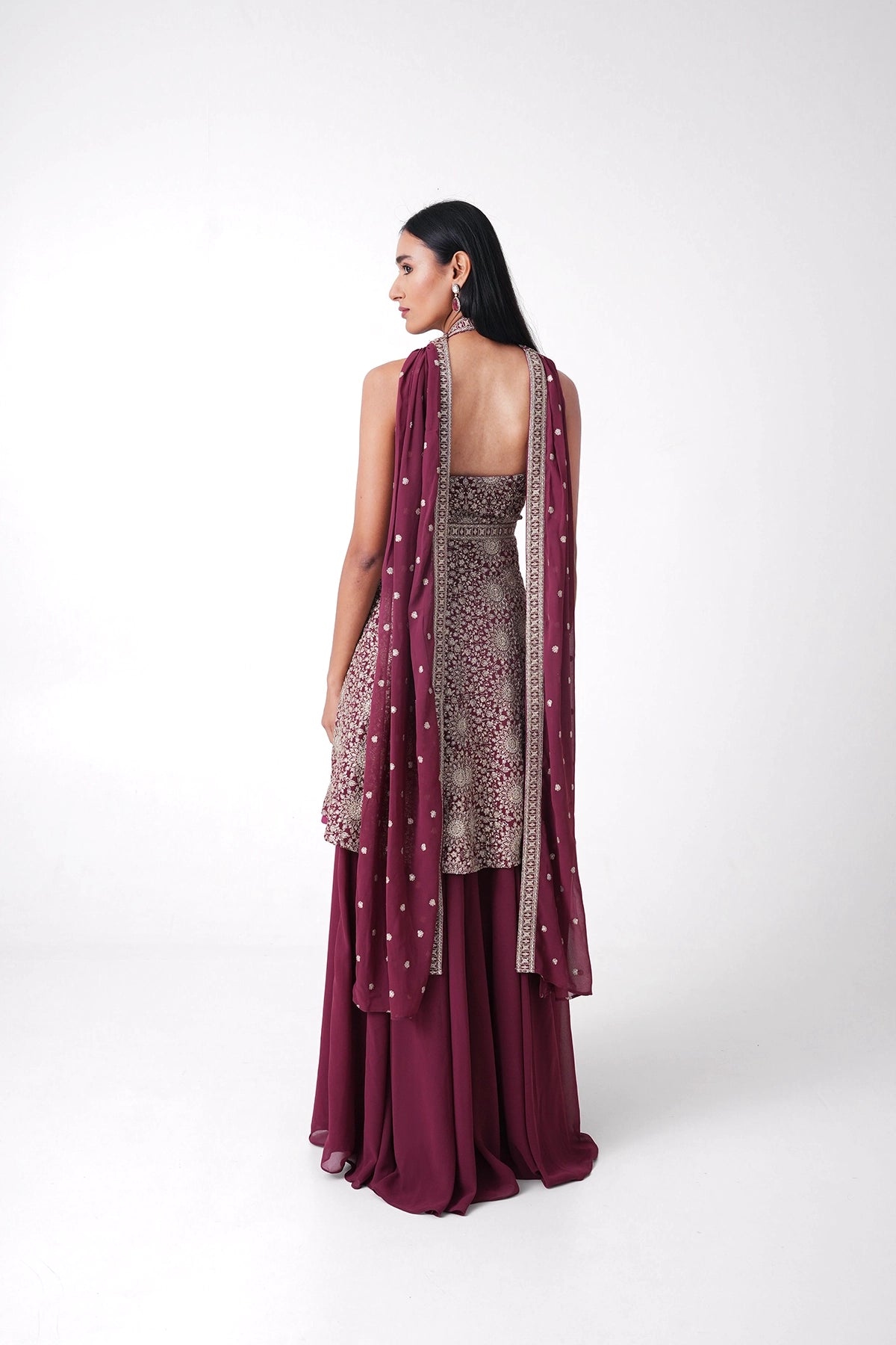 Magenta Halter Neck Palazzo Set In Georgette