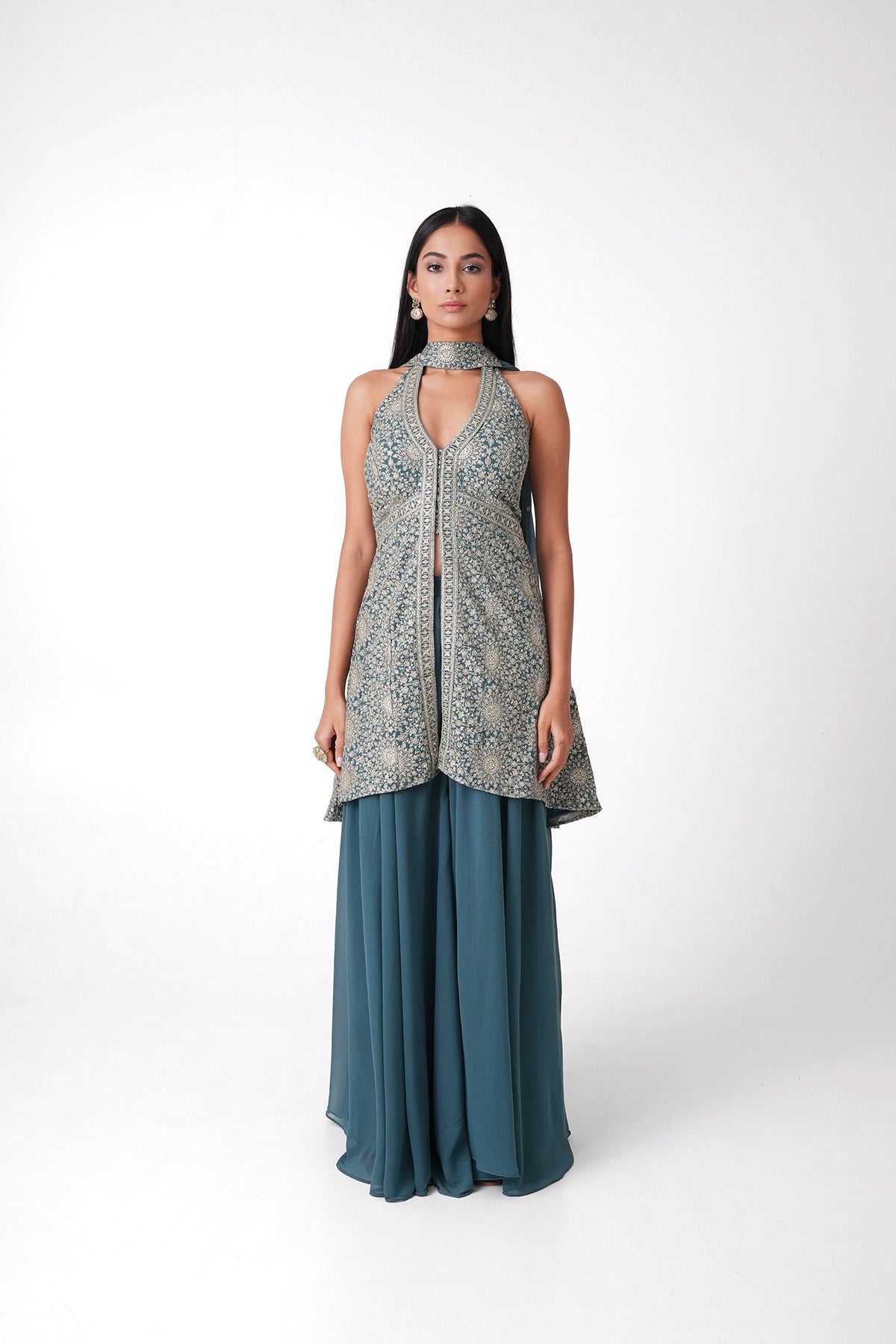 Blue Halter Neck Palazzo Set In Georgette