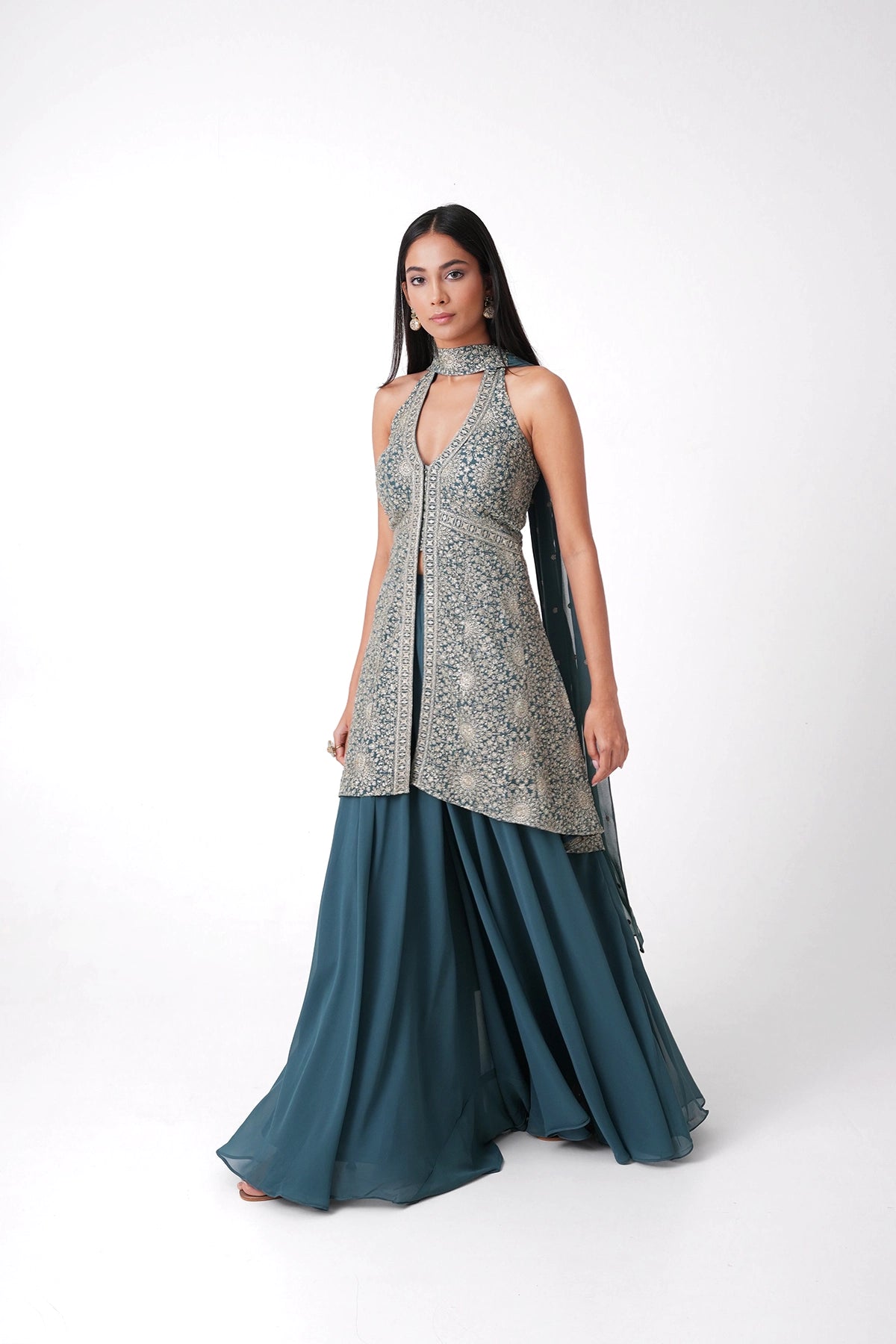 Blue Halter Neck Palazzo Set In Georgette