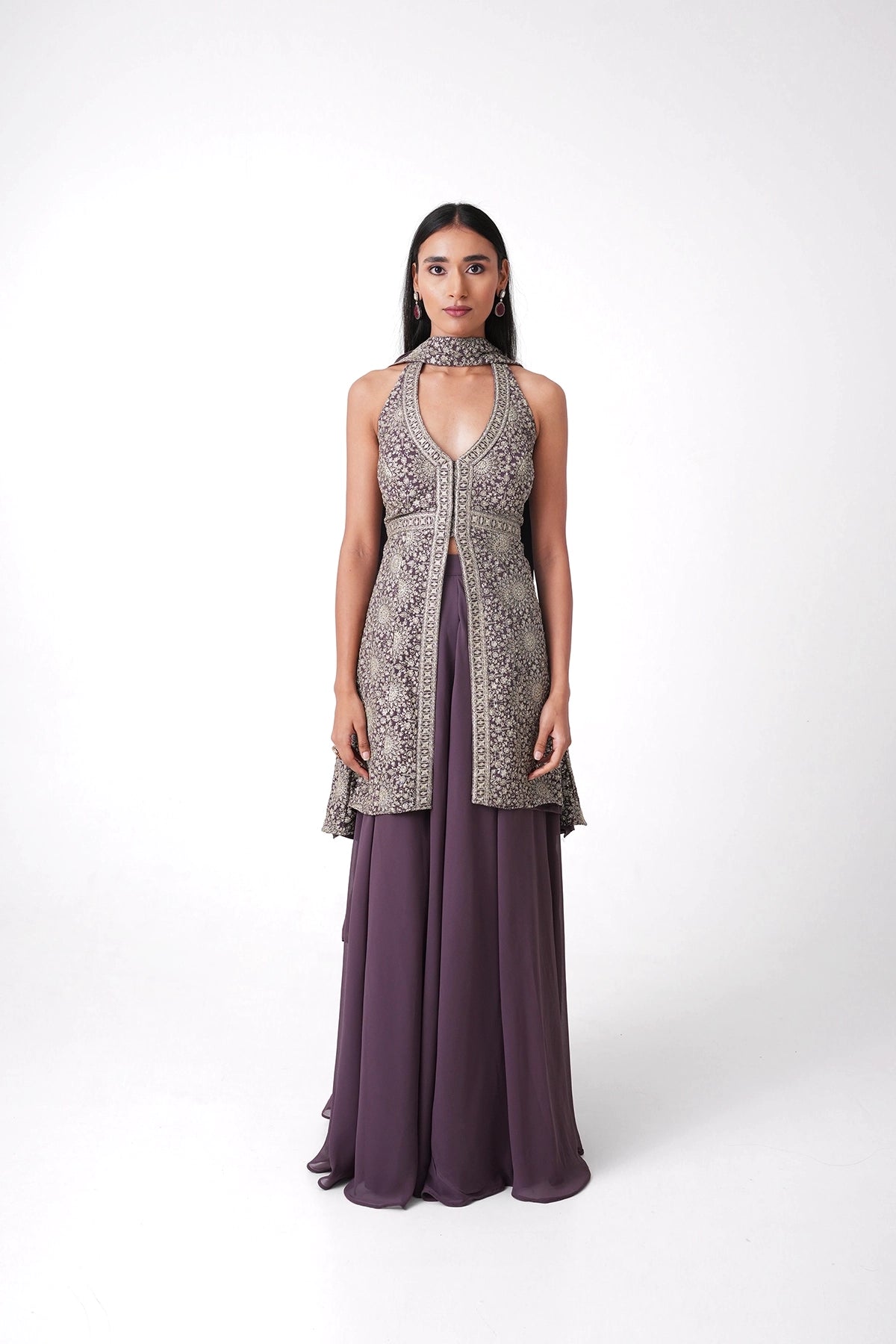 Dusty Mauve Halter Neck Palazzo Set In Georgette