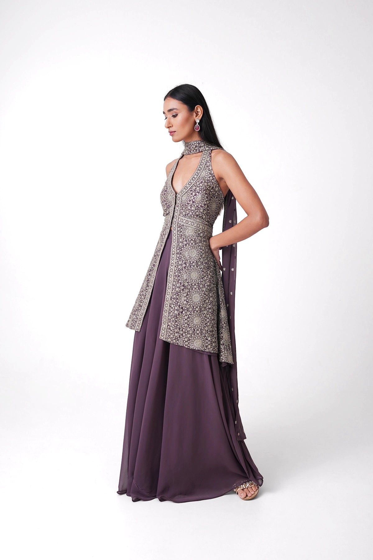 Dusty Mauve Halter Neck Palazzo Set In Georgette