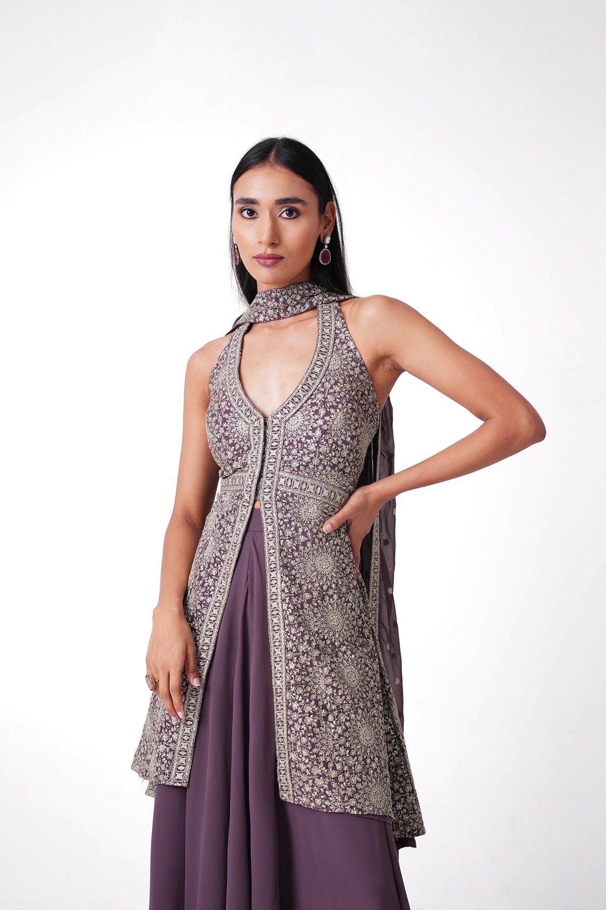 Dusty Mauve Halter Neck Palazzo Set In Georgette