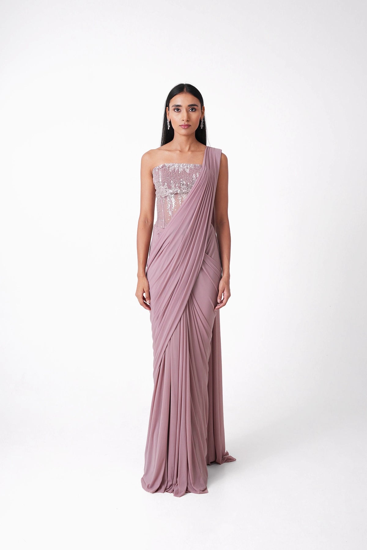 Dusty Pink Corset Blouse Pre-Draped Saree In Lycra