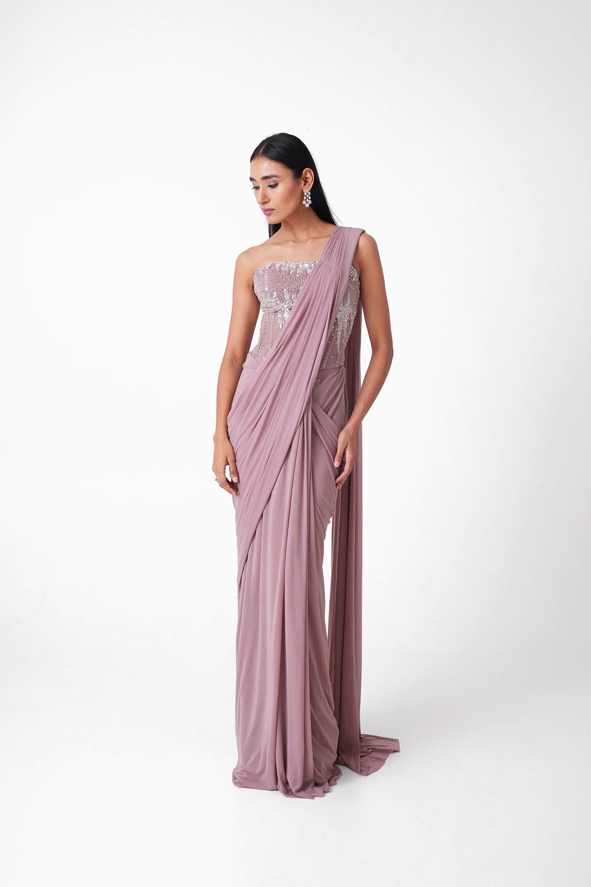 Dusty Pink Corset Blouse Pre-Draped Saree In Lycra