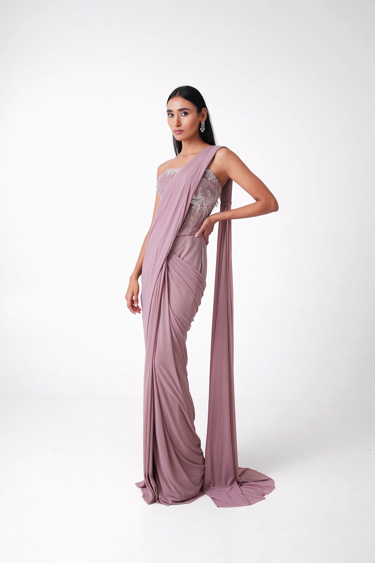 Dusty Pink Corset Blouse Pre-Draped Saree In Lycra