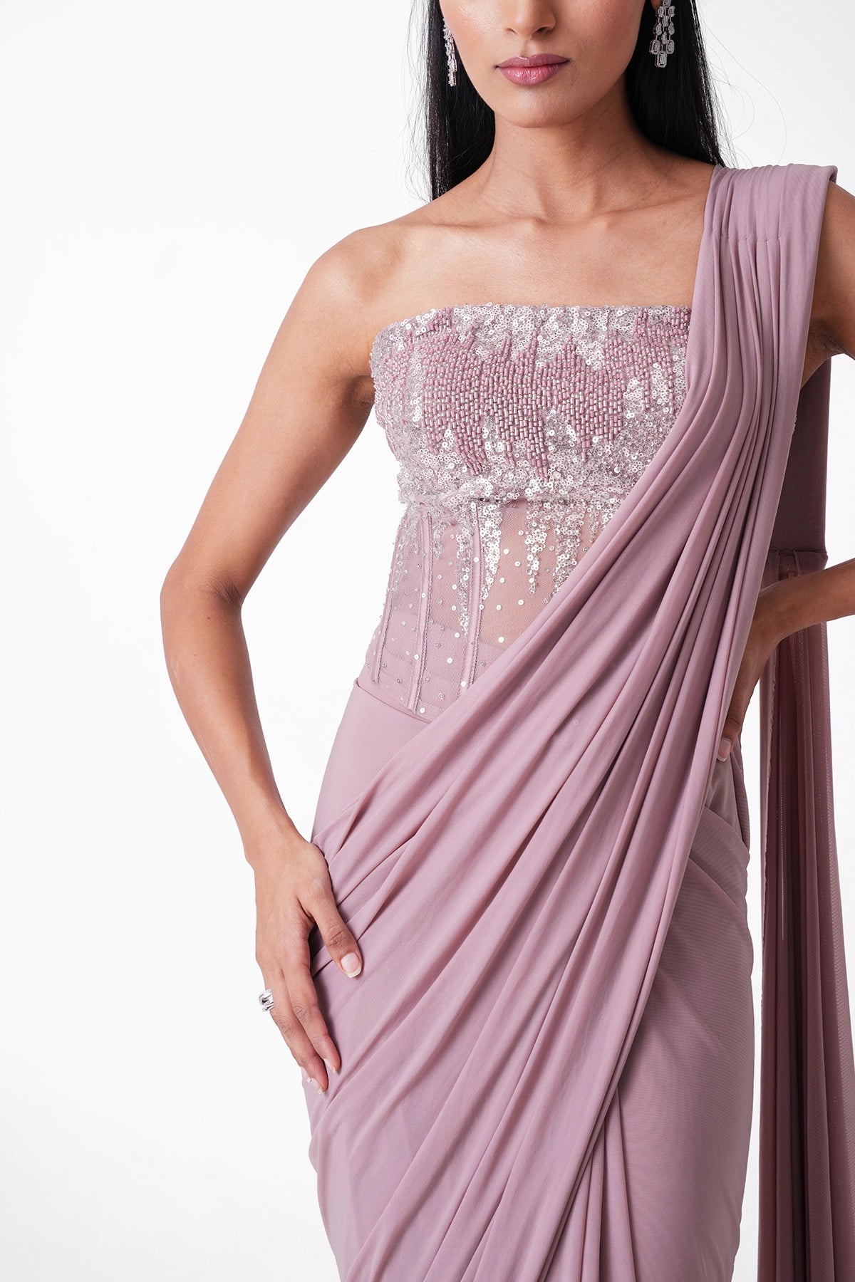 Dusty Pink Corset Blouse Pre-Draped Saree In Lycra