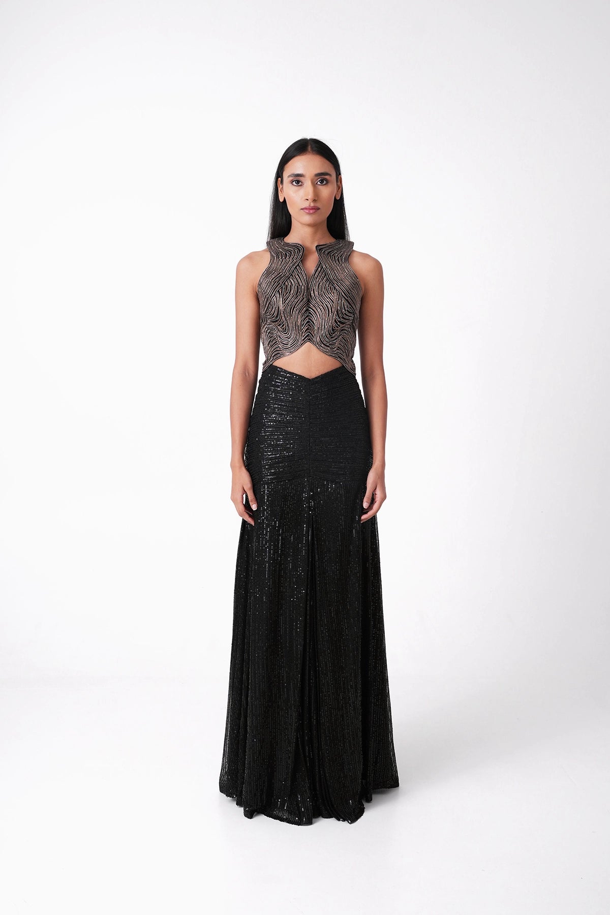 Black And Gold Metallic Indowestern Skirt And Top Set