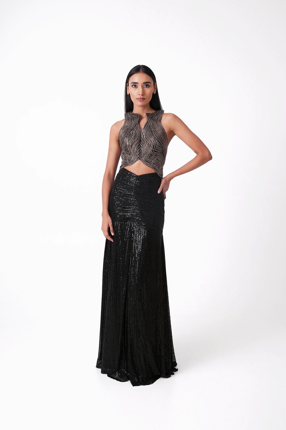 Black And Gold Metallic Indowestern Skirt And Top Set