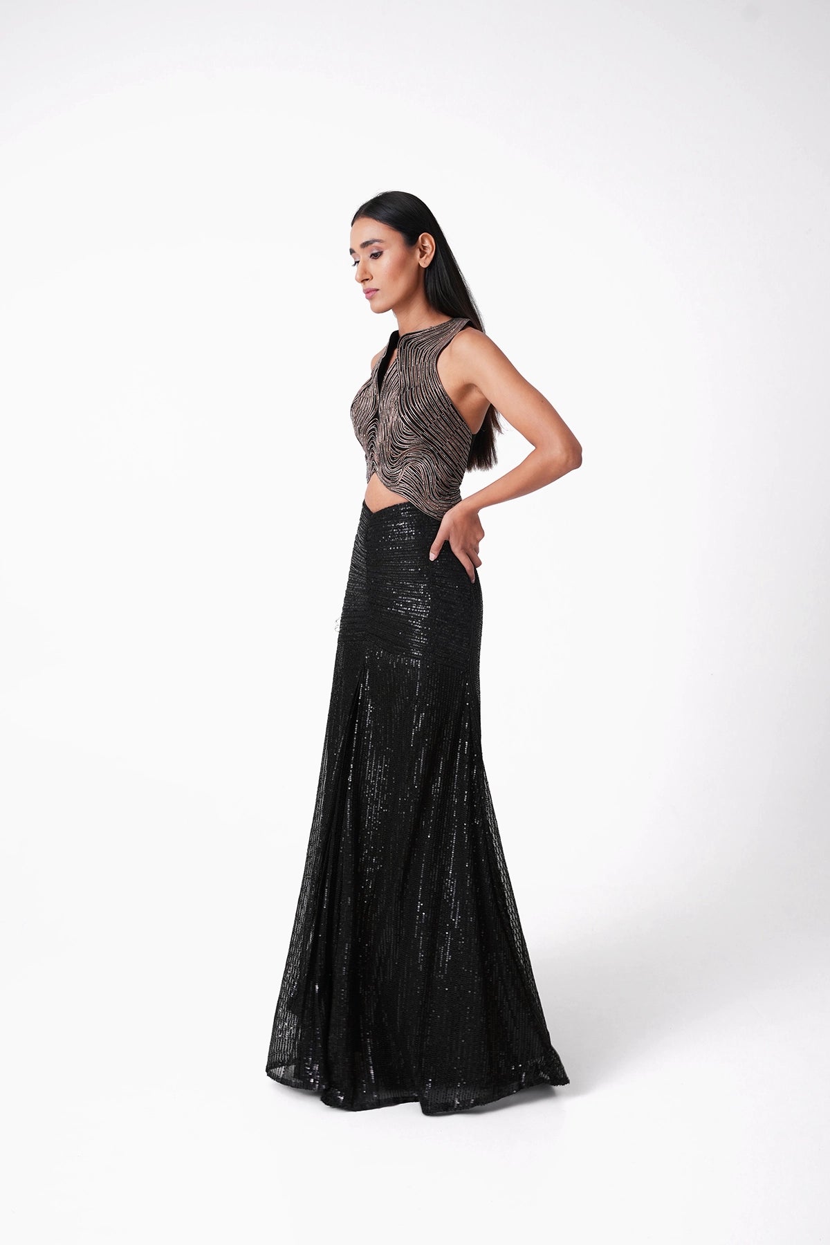 Black And Gold Metallic Indowestern Skirt And Top Set