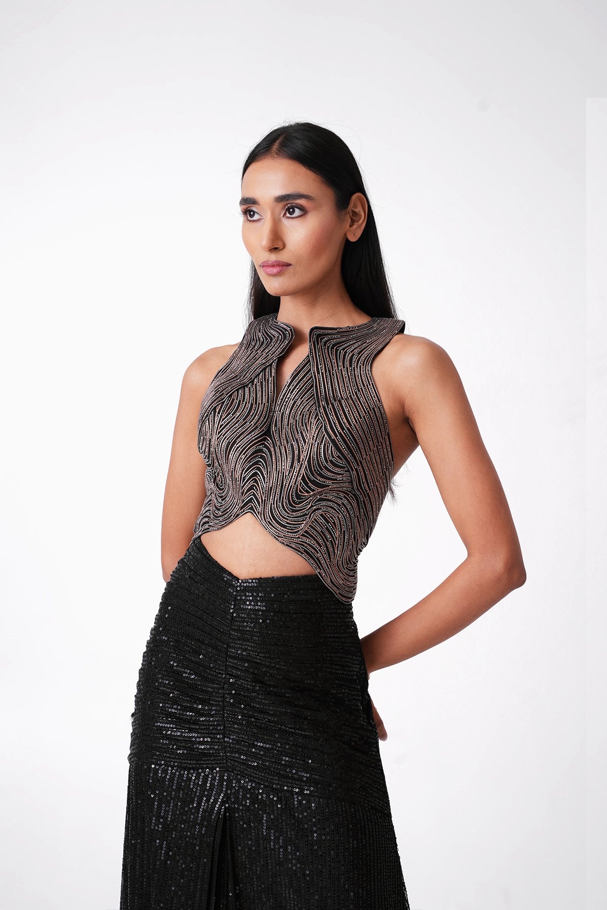 Black And Gold Metallic Indowestern Skirt And Top Set