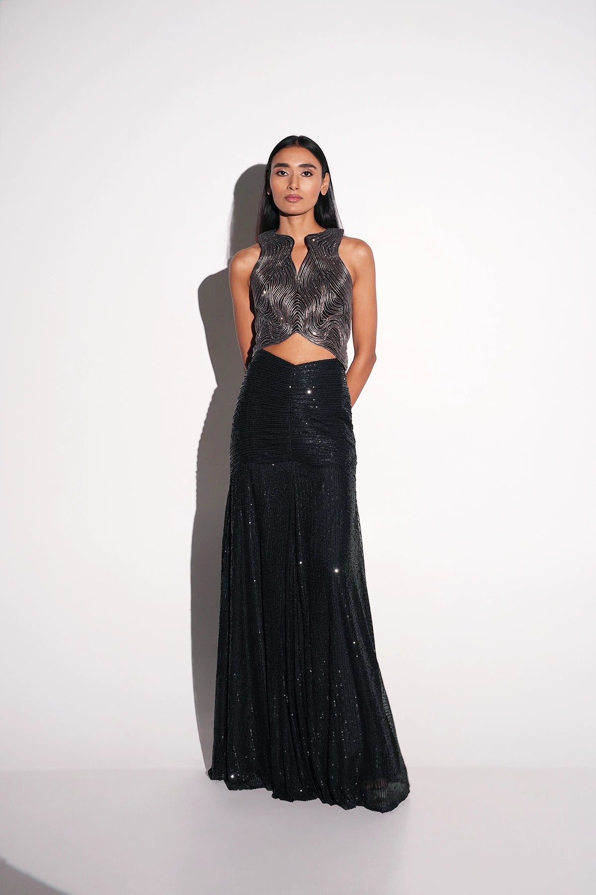 Black And Gold Metallic Indowestern Skirt And Top Set