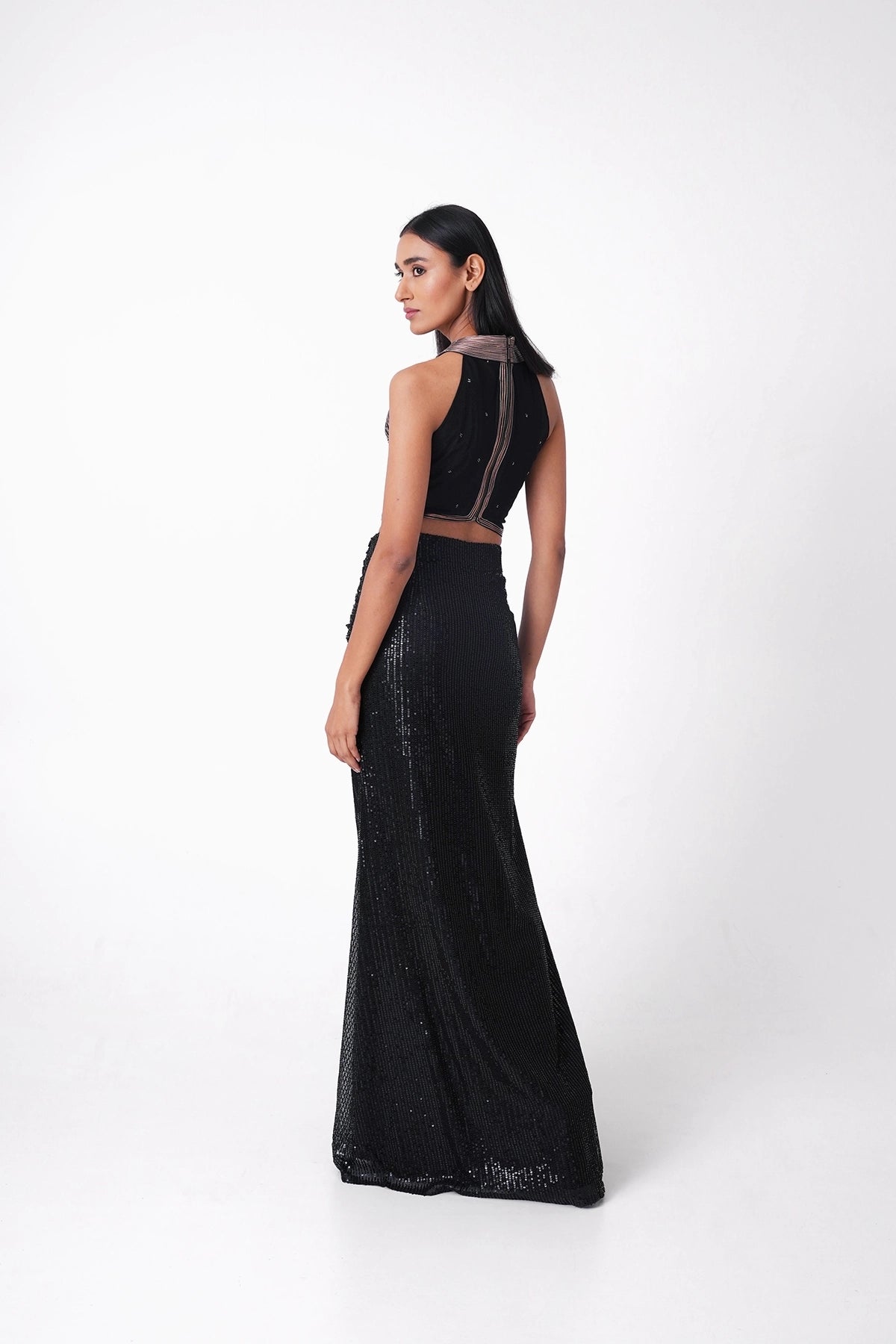 Black And Gold Metallic Indowestern Skirt And Top Set