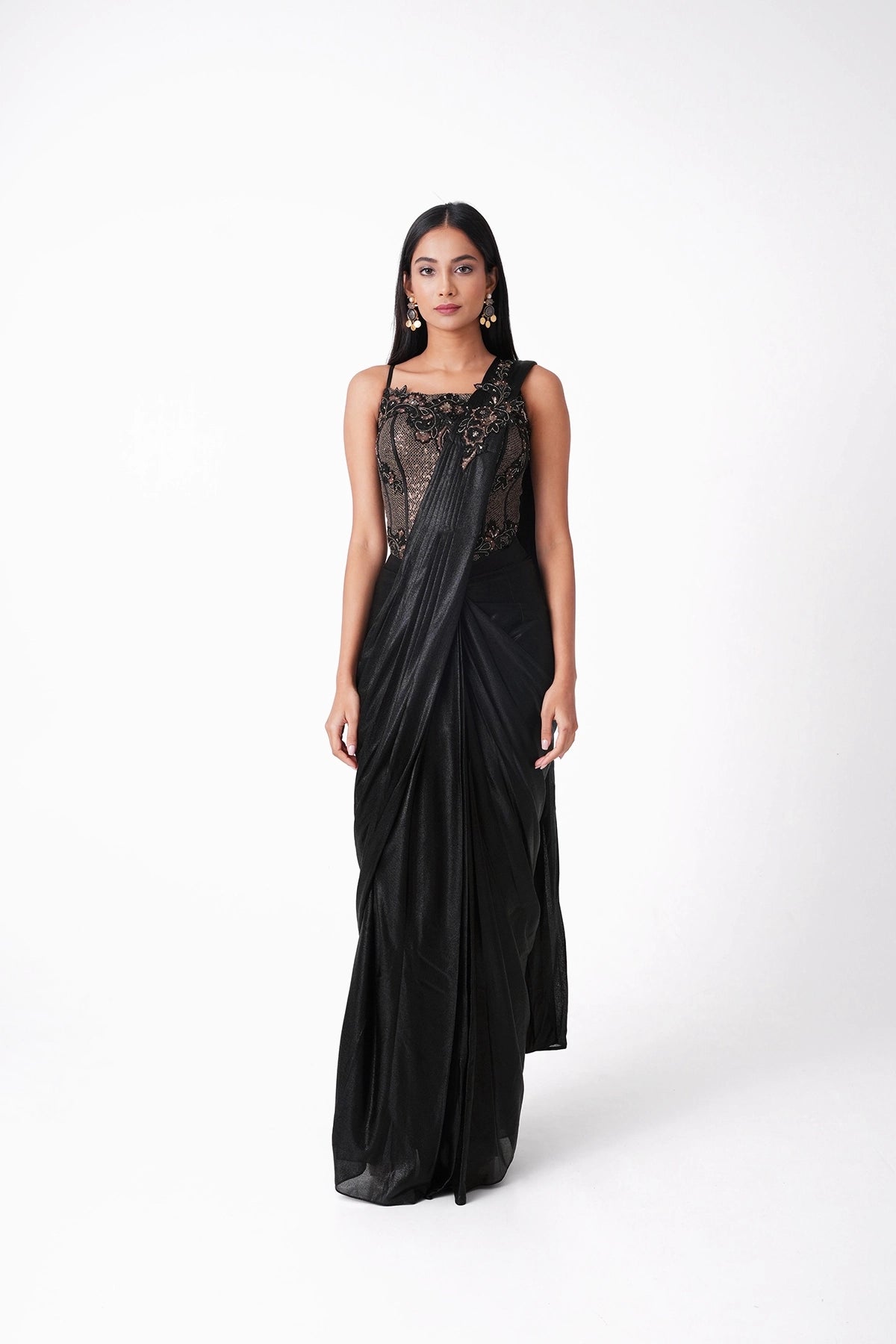 Black And Gold Corset Pre-Draped Saree In Lycra