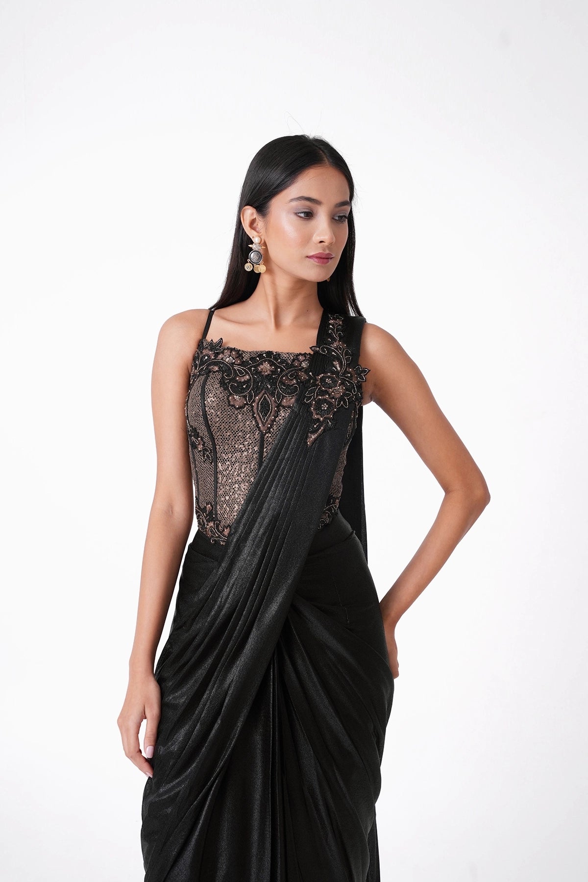 Black And Gold Corset Pre-Draped Saree In Lycra