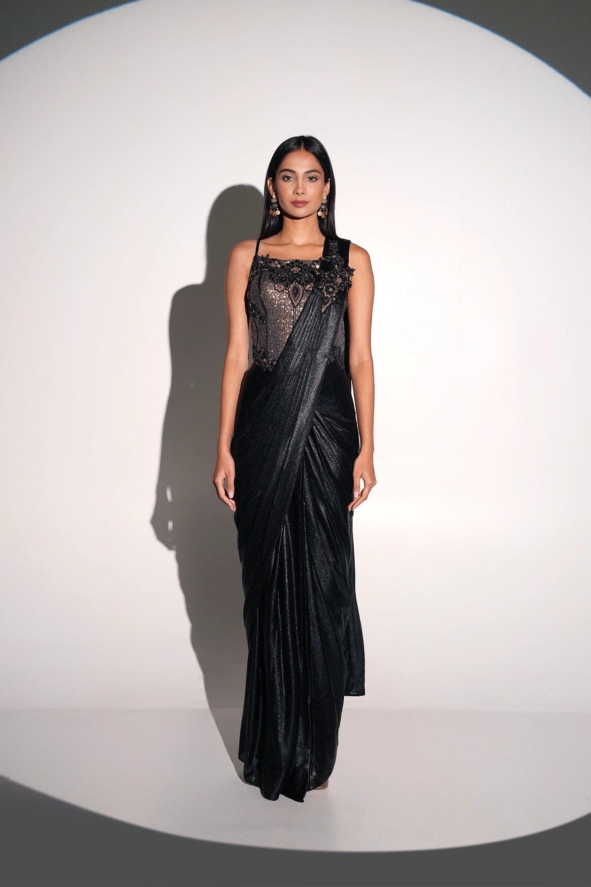 Black And Gold Corset Pre-Draped Saree In Lycra