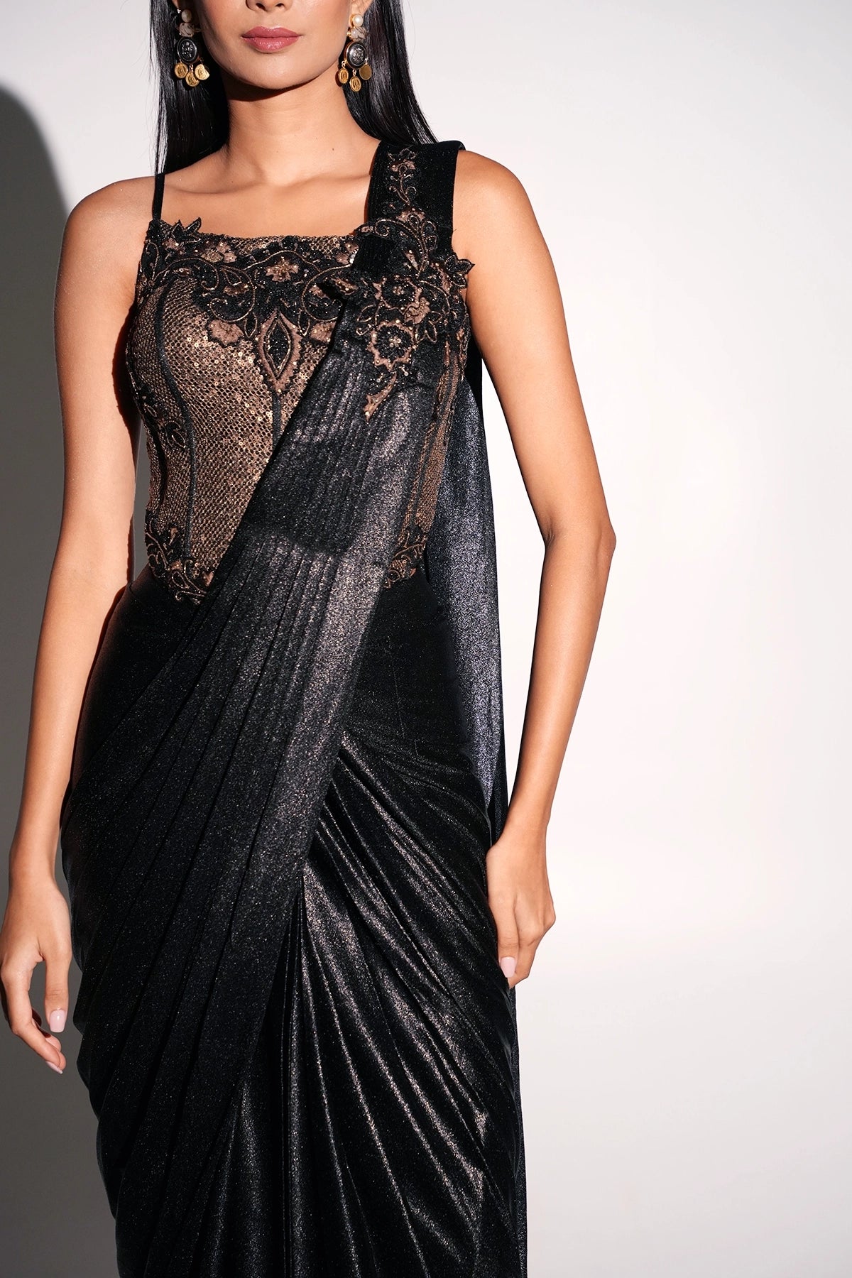 Black And Gold Corset Pre-Draped Saree In Lycra