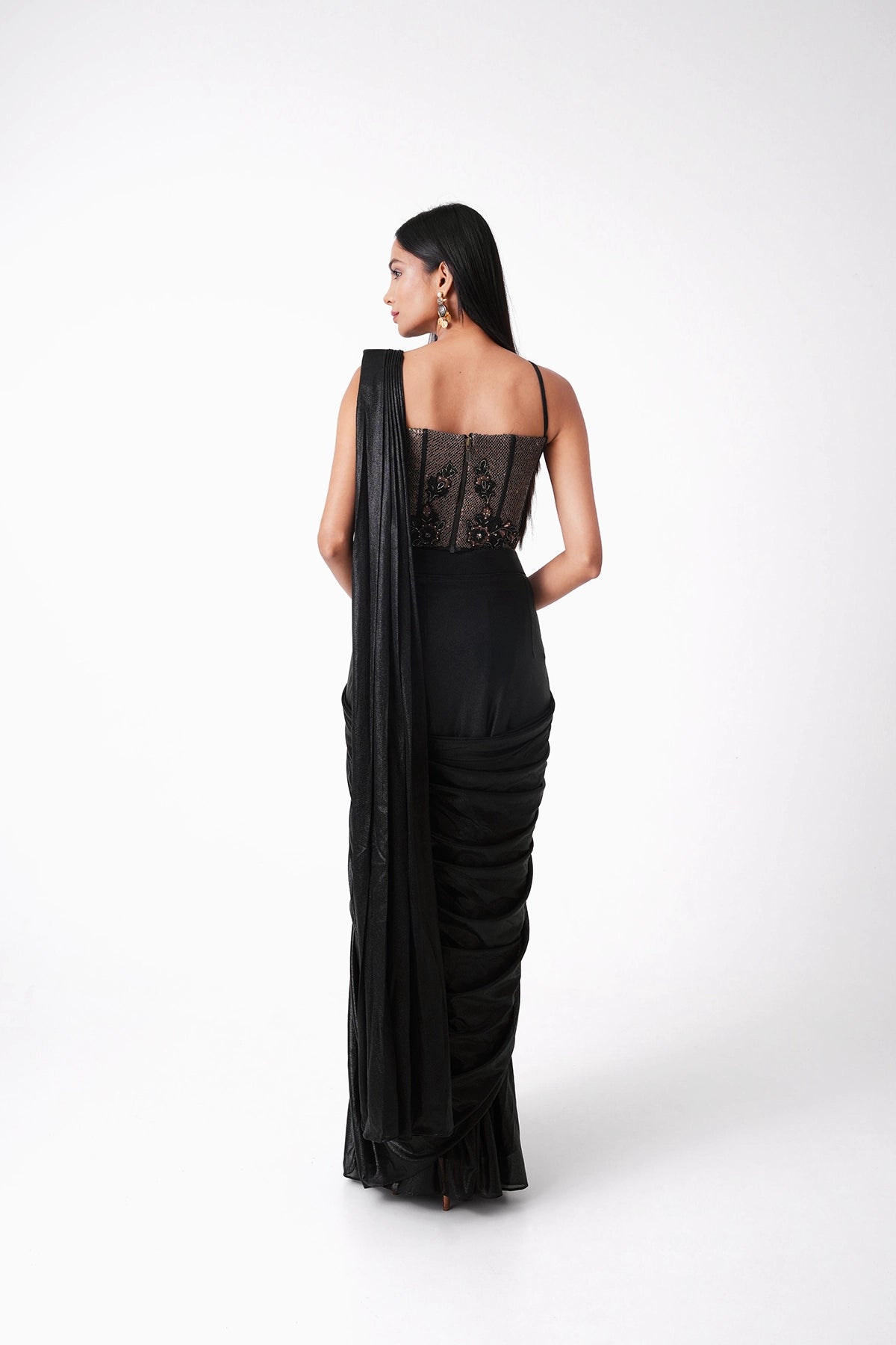 Black And Gold Corset Pre-Draped Saree In Lycra