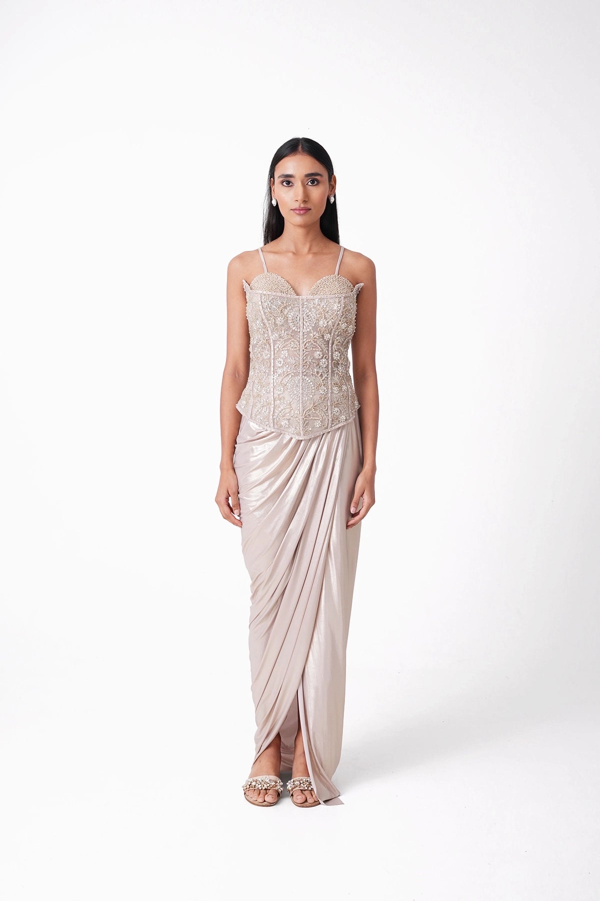 Ivory Corset Blouse With Draped Skirt In Lycra