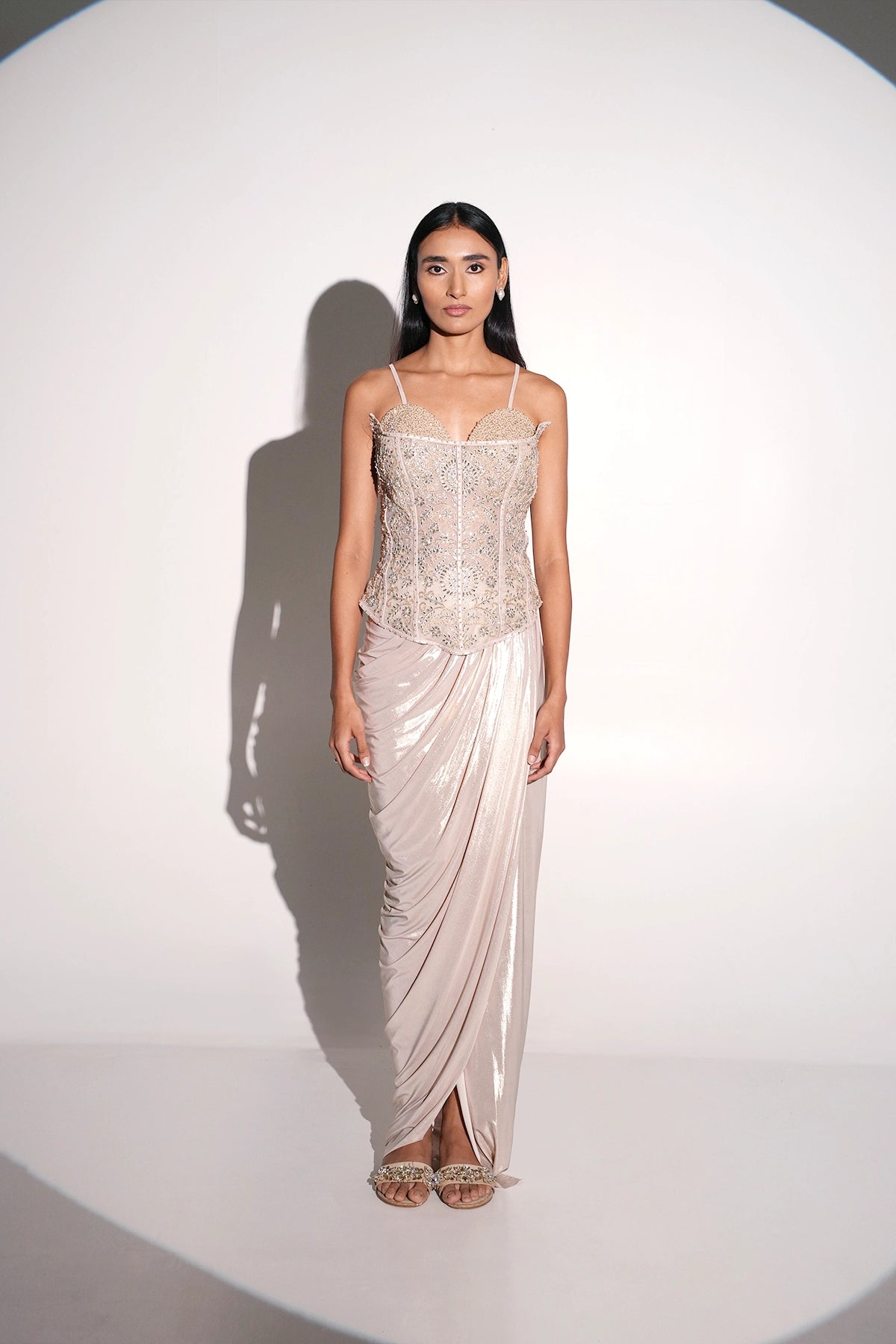 Ivory Corset Blouse With Draped Skirt In Lycra