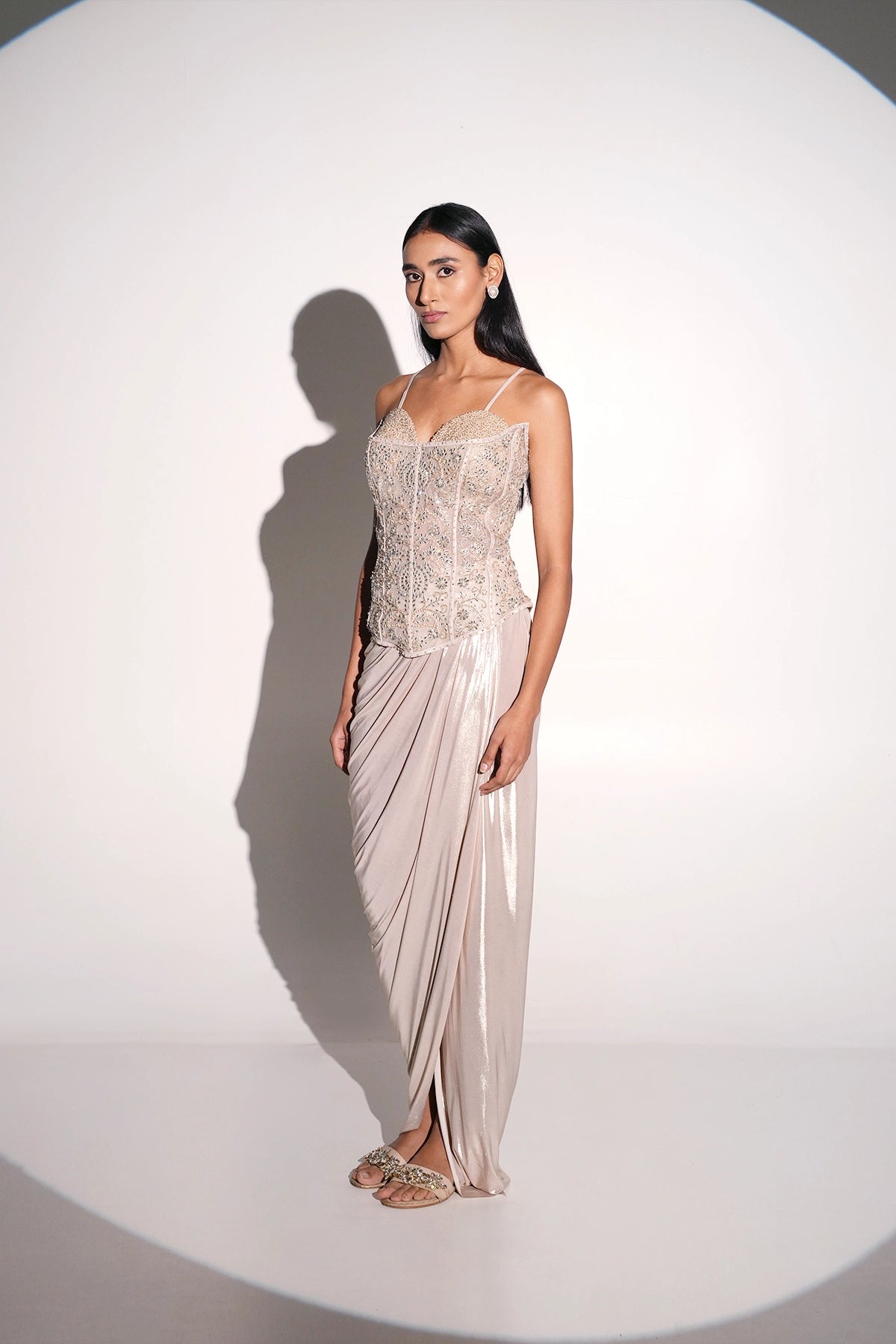 Ivory Corset Blouse With Draped Skirt In Lycra