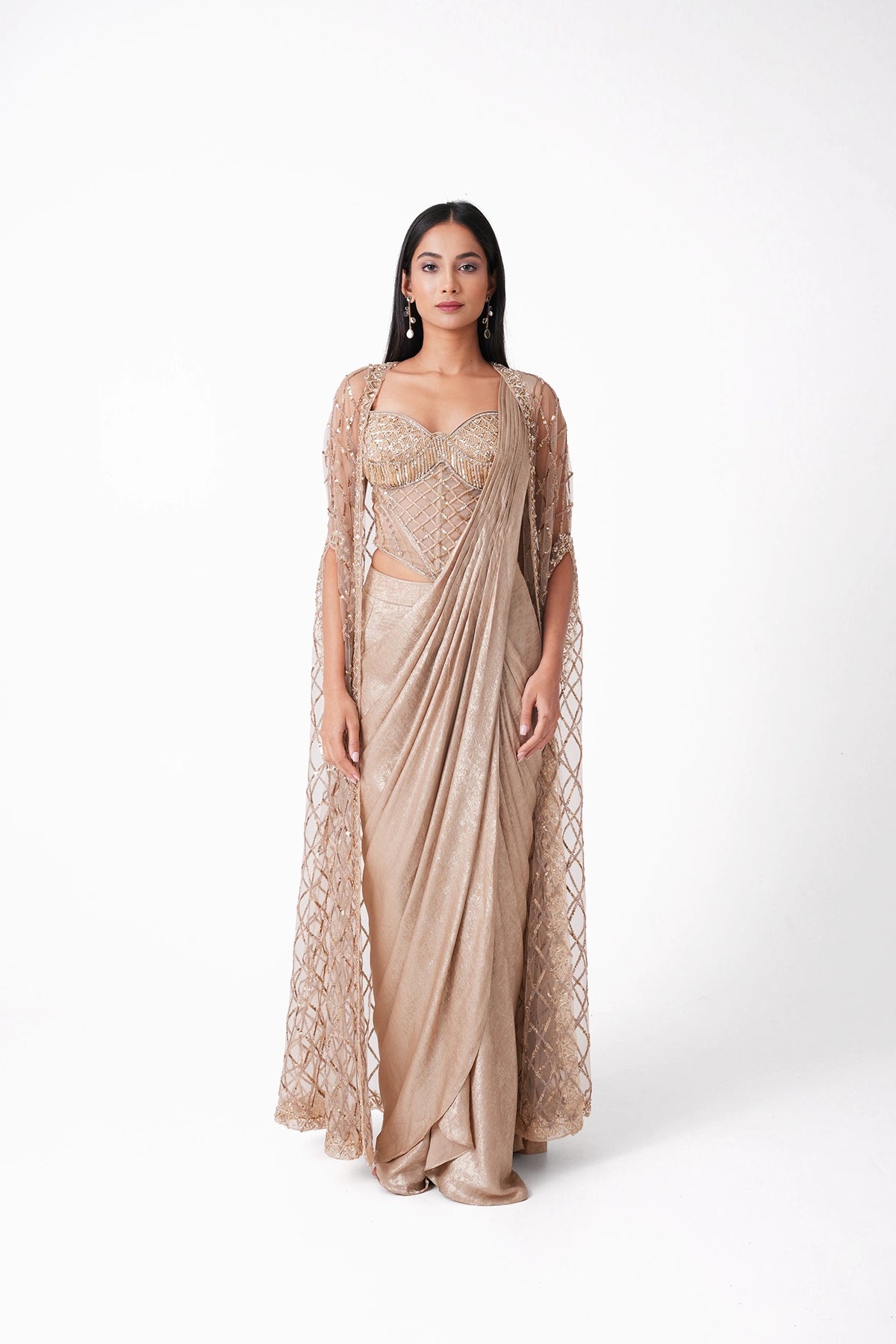 Gold Corset Pre-Draped Saree With Cape