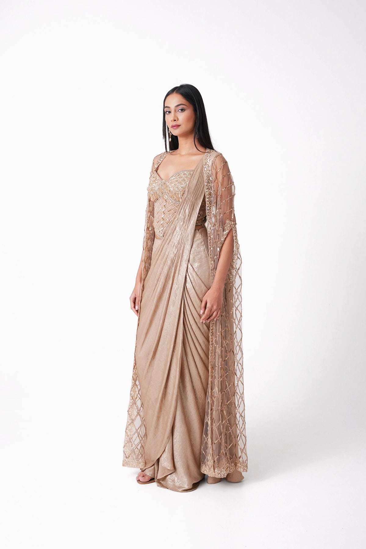 Gold Corset Pre-Draped Saree With Cape