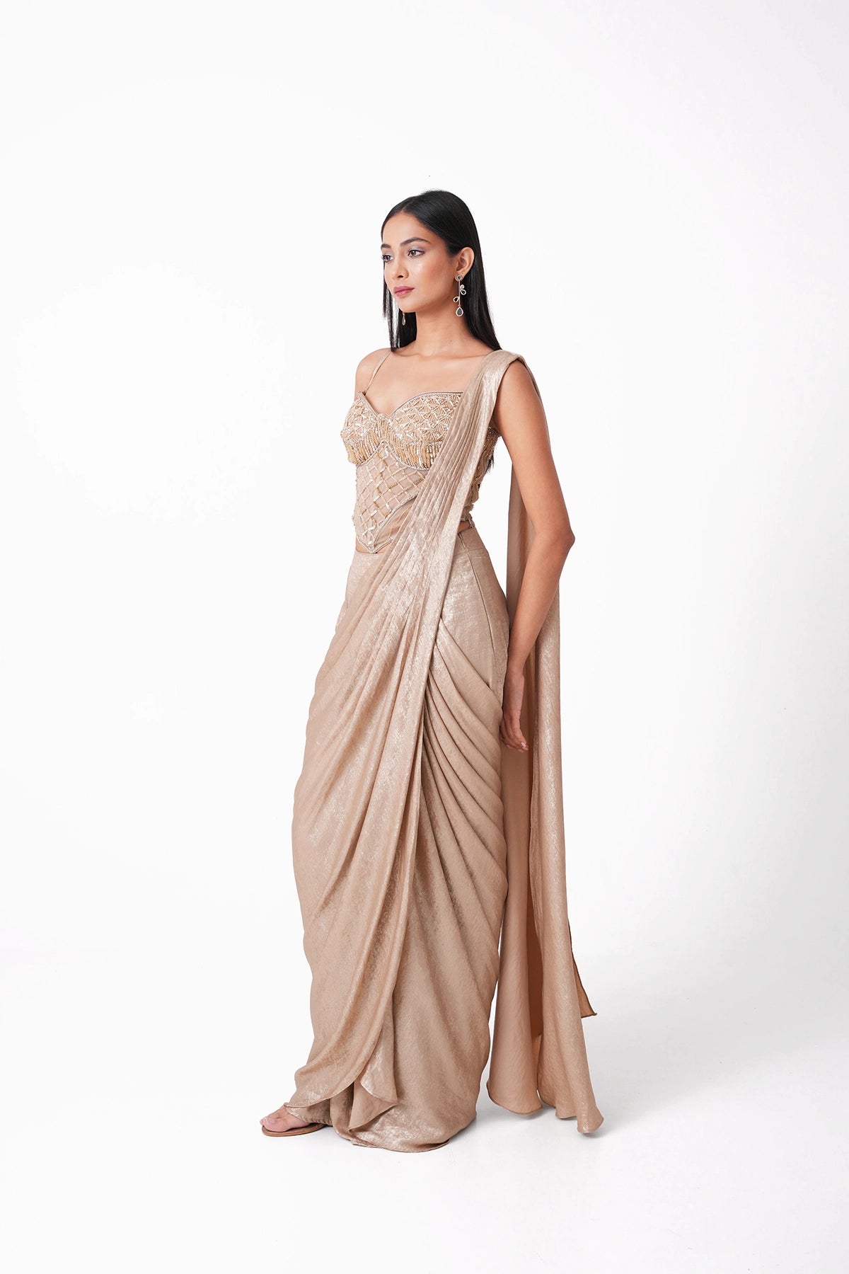 Gold Corset Pre-Draped Saree With Cape
