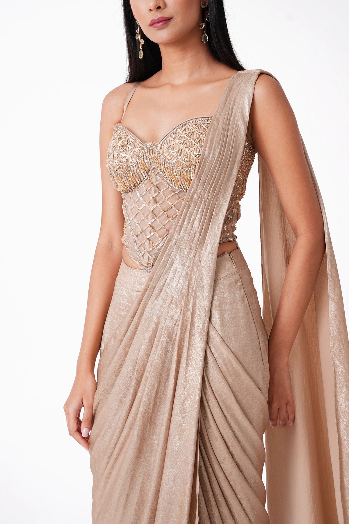 Gold Corset Pre-Draped Saree With Cape