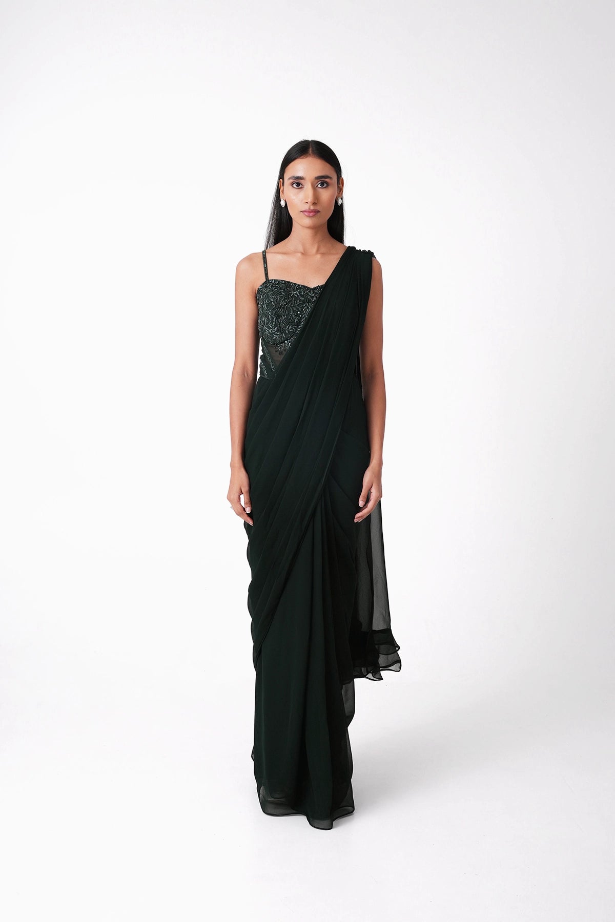 Bottle Green Corset Pre-Draped Saree In Georgette