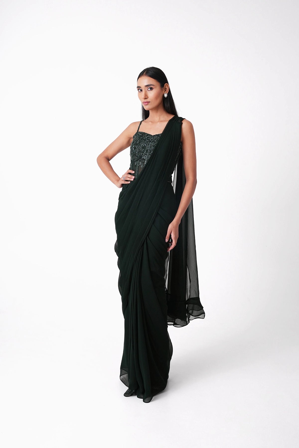 Bottle Green Corset Pre-Draped Saree In Georgette