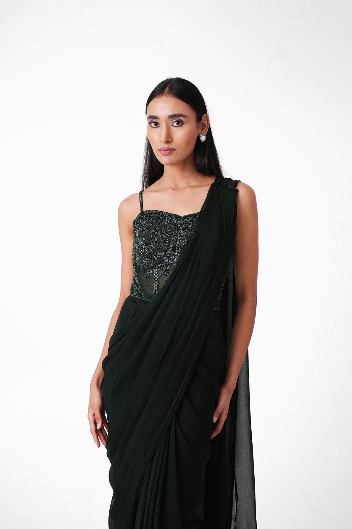Bottle Green Corset Pre-Draped Saree In Georgette